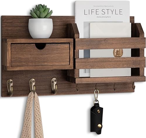 Soporte para llaves de pared con organizador de correo, 100% madera de paulownia, 7 ganchos de metal, cajón de almacenamiento, entrada decoración