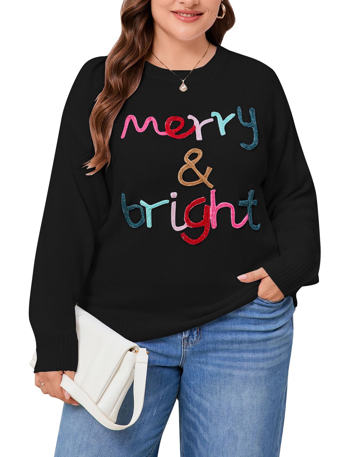 Alsol Lamesa Womens Plus Size Christmas Sweater Merry and Bright Long Sleeve Crewneck Loose Pullover Tops XL-5XL