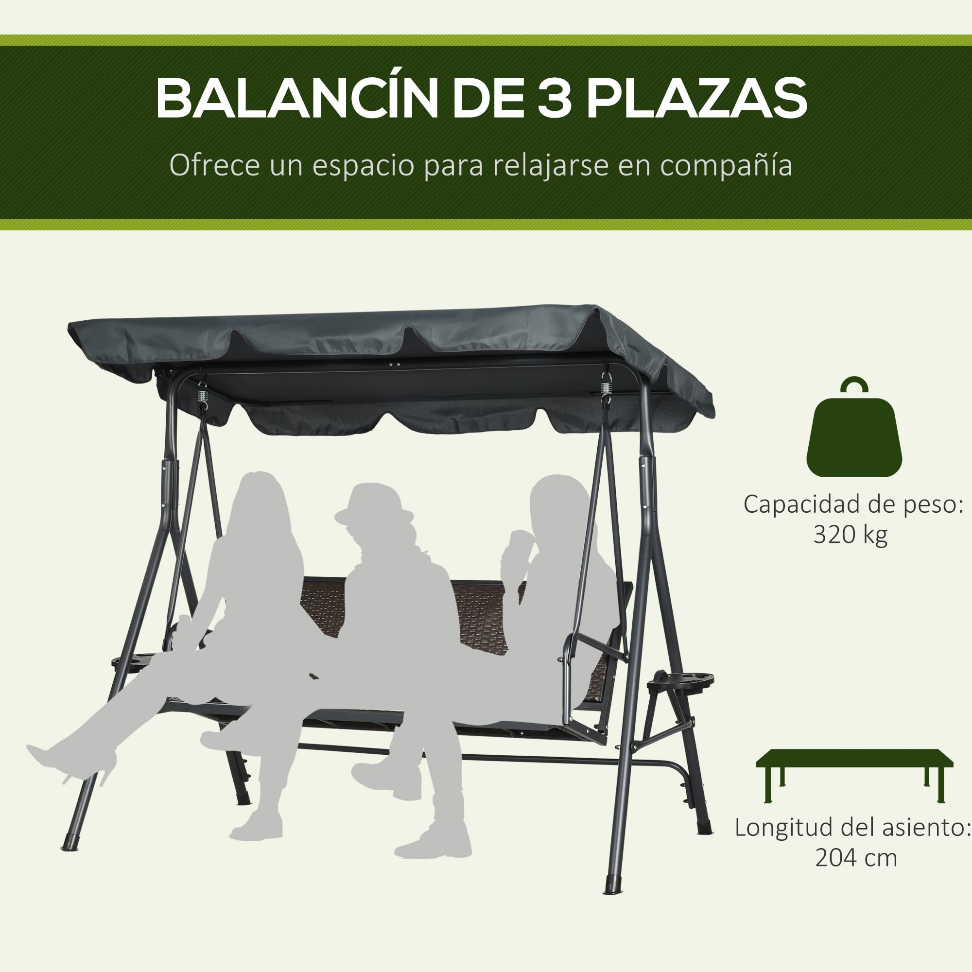 Outsunny Columpio de Jardín de 3 Plazas Banco Balancín para Exterior con Toldo Ajustable Asiento de Ratán 2 Portavasos 2 Bandejas y Marco de Acero Carga 320 kg para Terraza Patio 204x112x150 cm Gris