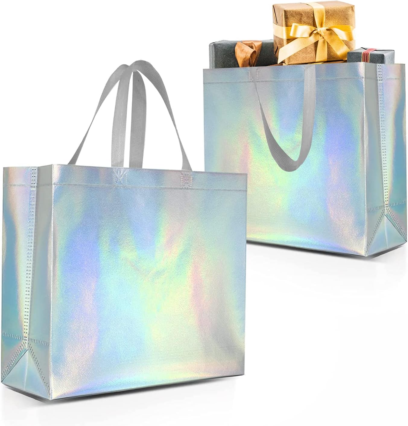 Angju 6pc Reusable Iridescent Glossy Tote Bags with Handle - Non-woven Foldable Bridesmaids Gift Bags for Wedding, Birthday Party