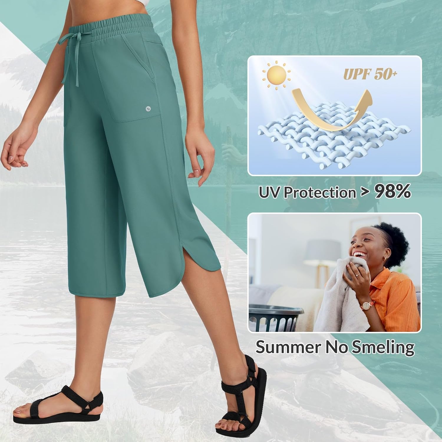 baleaf Women's Capri Pants Wide Leg Plus Size UPF50+ Lightweight Quick Dry Pants Casual Loose Sweatpants Hiking Walking - Image 4