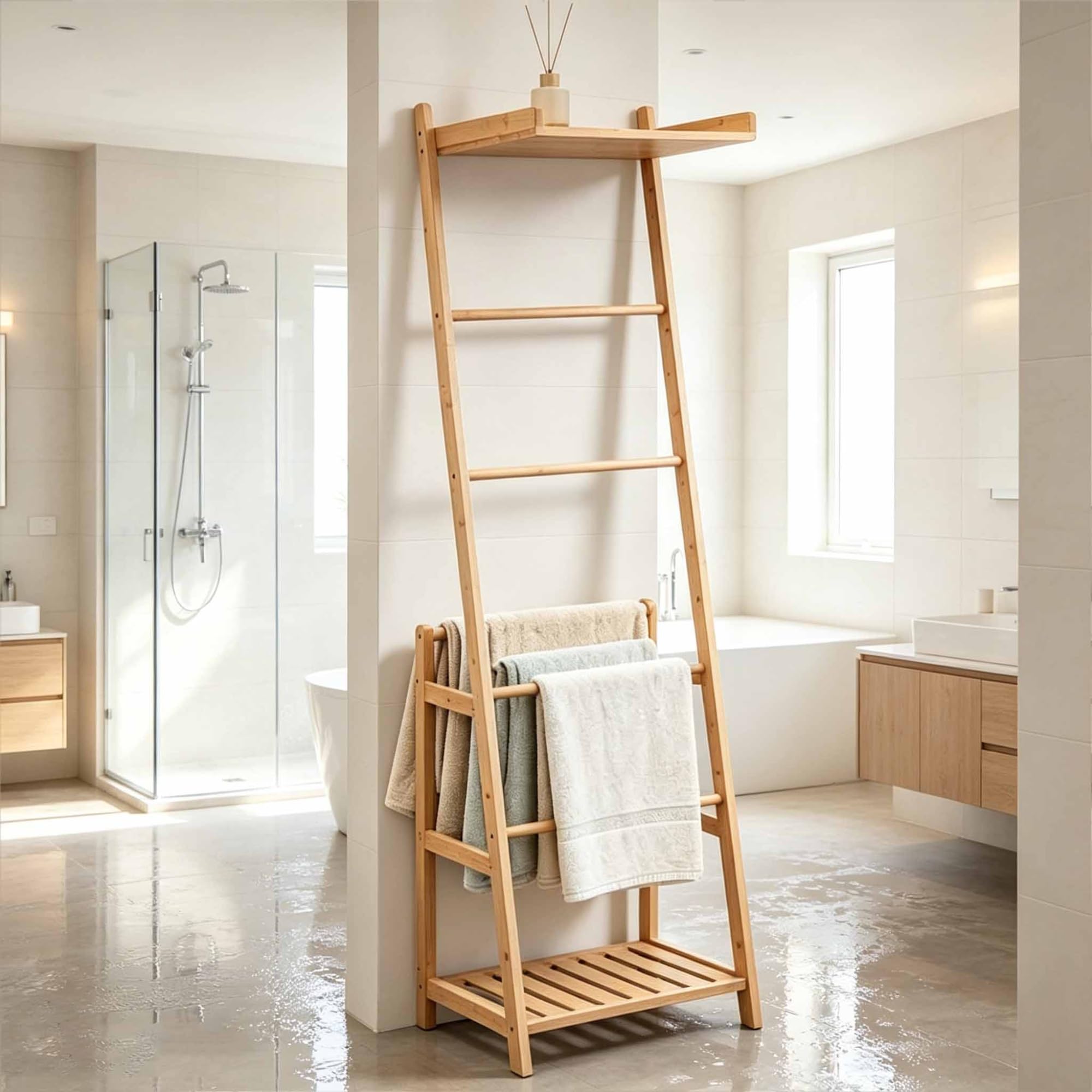 5-tier Standing Towel Racks for Bathroom, Bamboo Blanket Ladders
