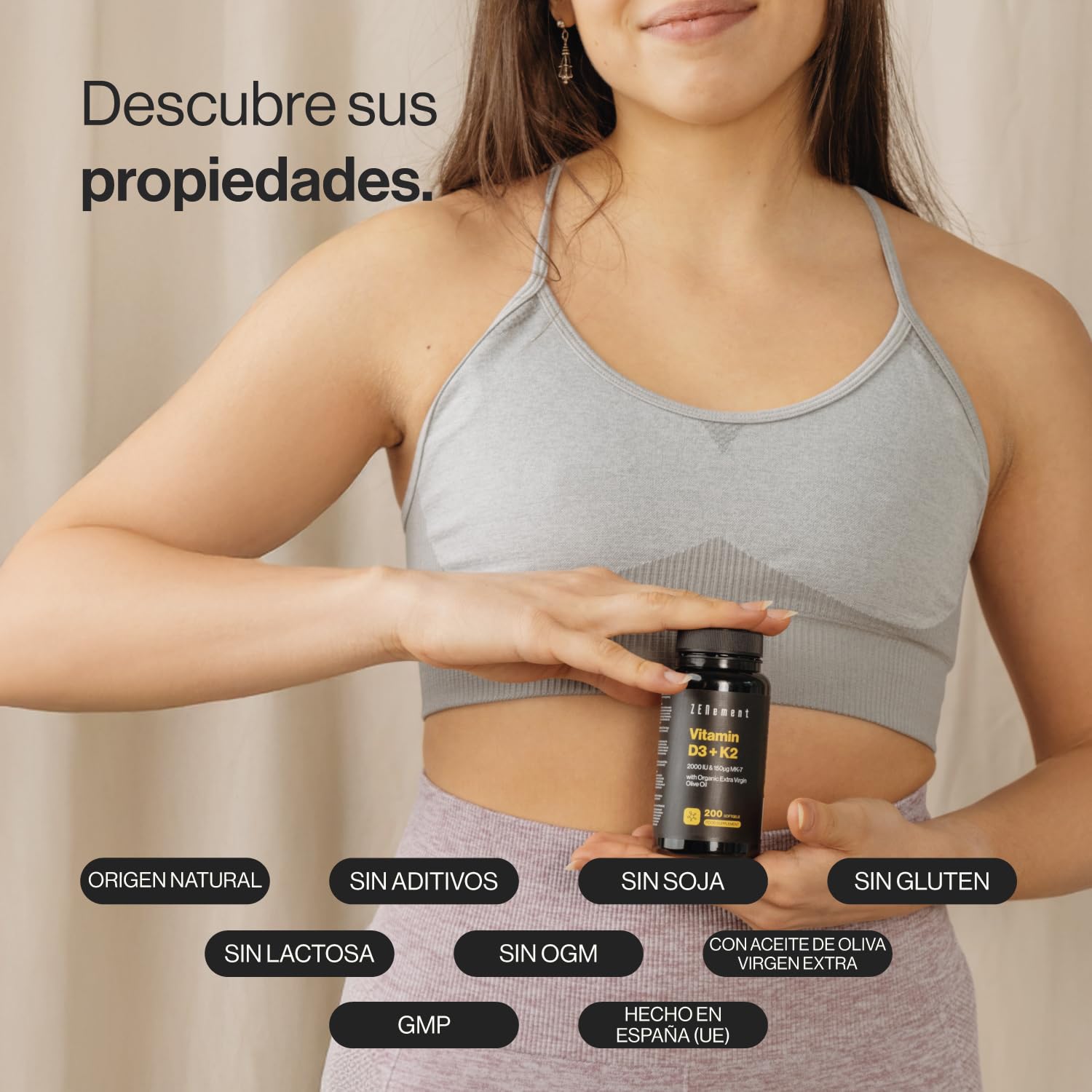 Vitamina D3 + K2 | Vitamina D3 2000UI Vitamina K2 MK7 150 µg Alta Biodisponibilidad, 200 Perlas con Aceite Oliva Virgen Extra Ecológico Español | Contribuye al Sistema Inmunológico, Huesos | Zenement