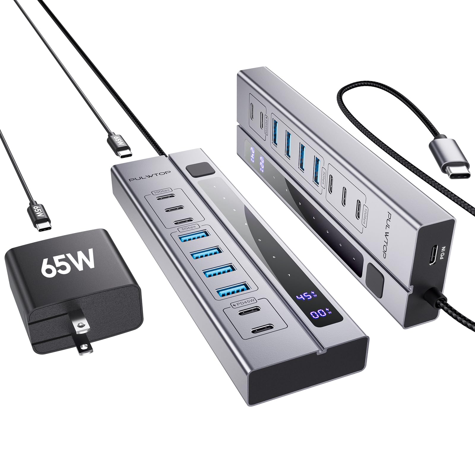 Hub USB Alimentado con Adaptador de PD 65 W, Hub USB 3.2 con USB-C 10 Gbps, USBA de 5 Gbps y 2 Puertos de Carga USBC PD de 24/45 W, concentrador USB para portátiles y tabletas MacBook