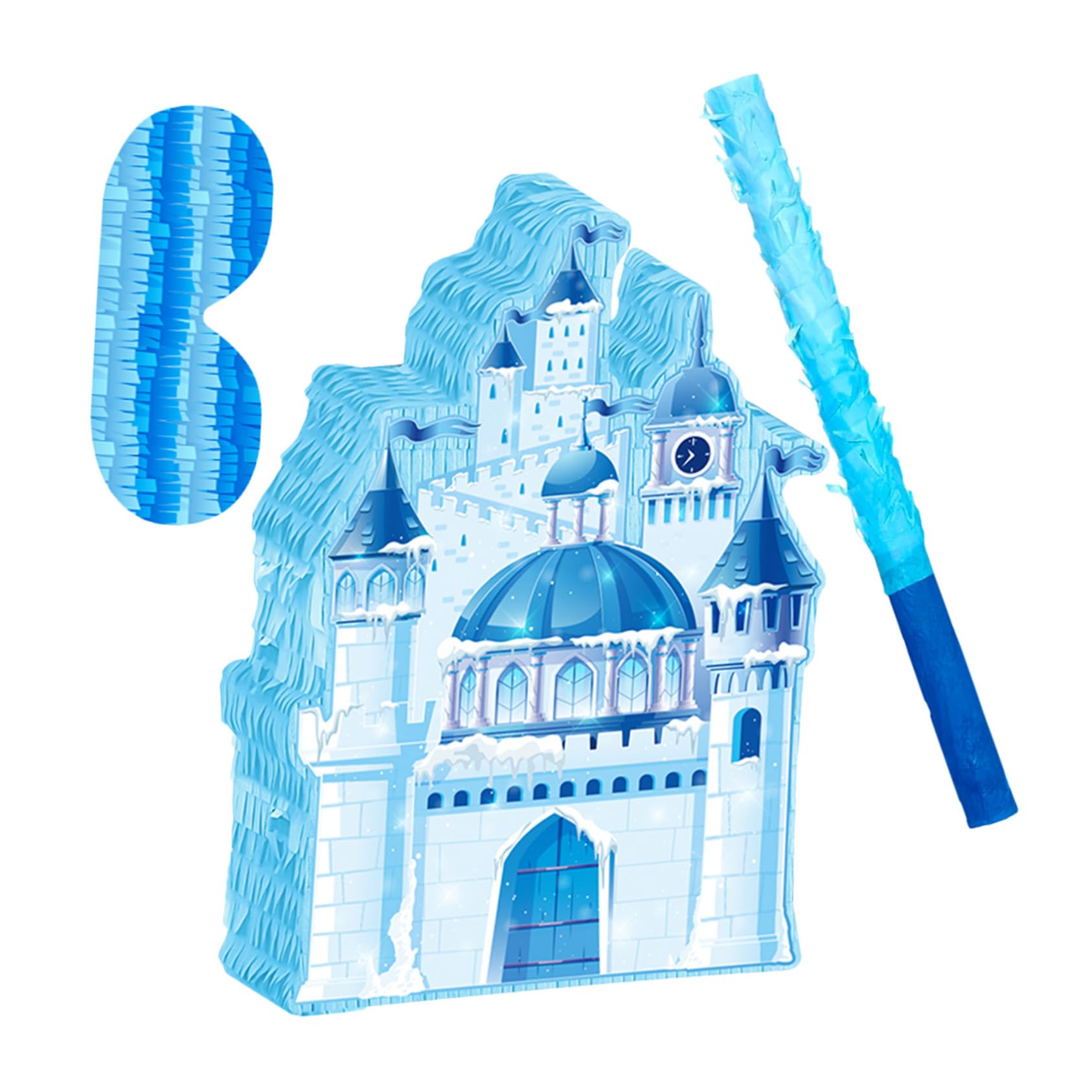WOONEKY Eisblaues Schloss Pinata mit Augenbinde und Schlagstab Robust Festliches Partyspiel für Kindergeburtstag Hochzeit und Prinzessinnen-motto Inklusive Candy-überraschung und