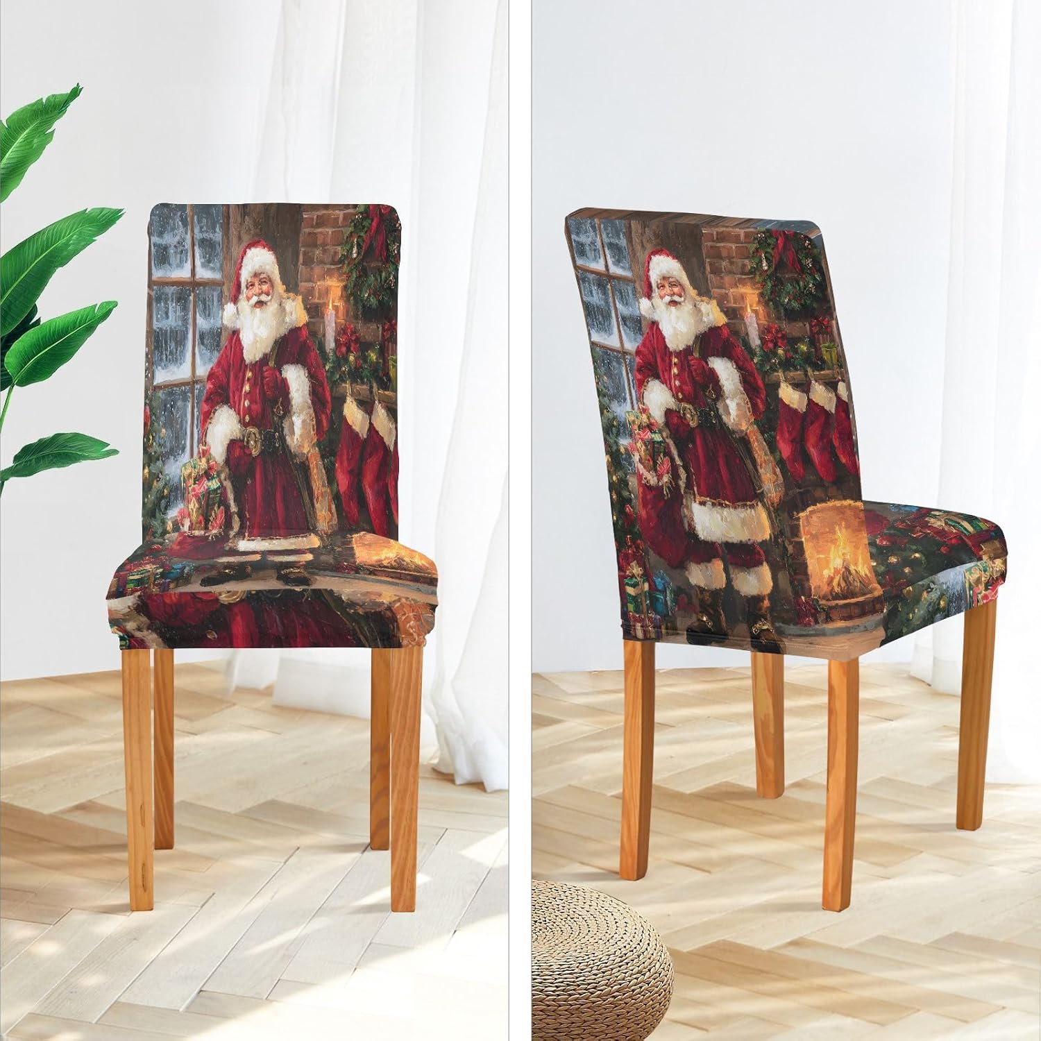 ALAZA Chair Covers for Dining Room, Santa Claus Fireplace Sock Stretch Chair Cover Sets Chair Protector Removable Washable for Ktichen Restaurant Hotel