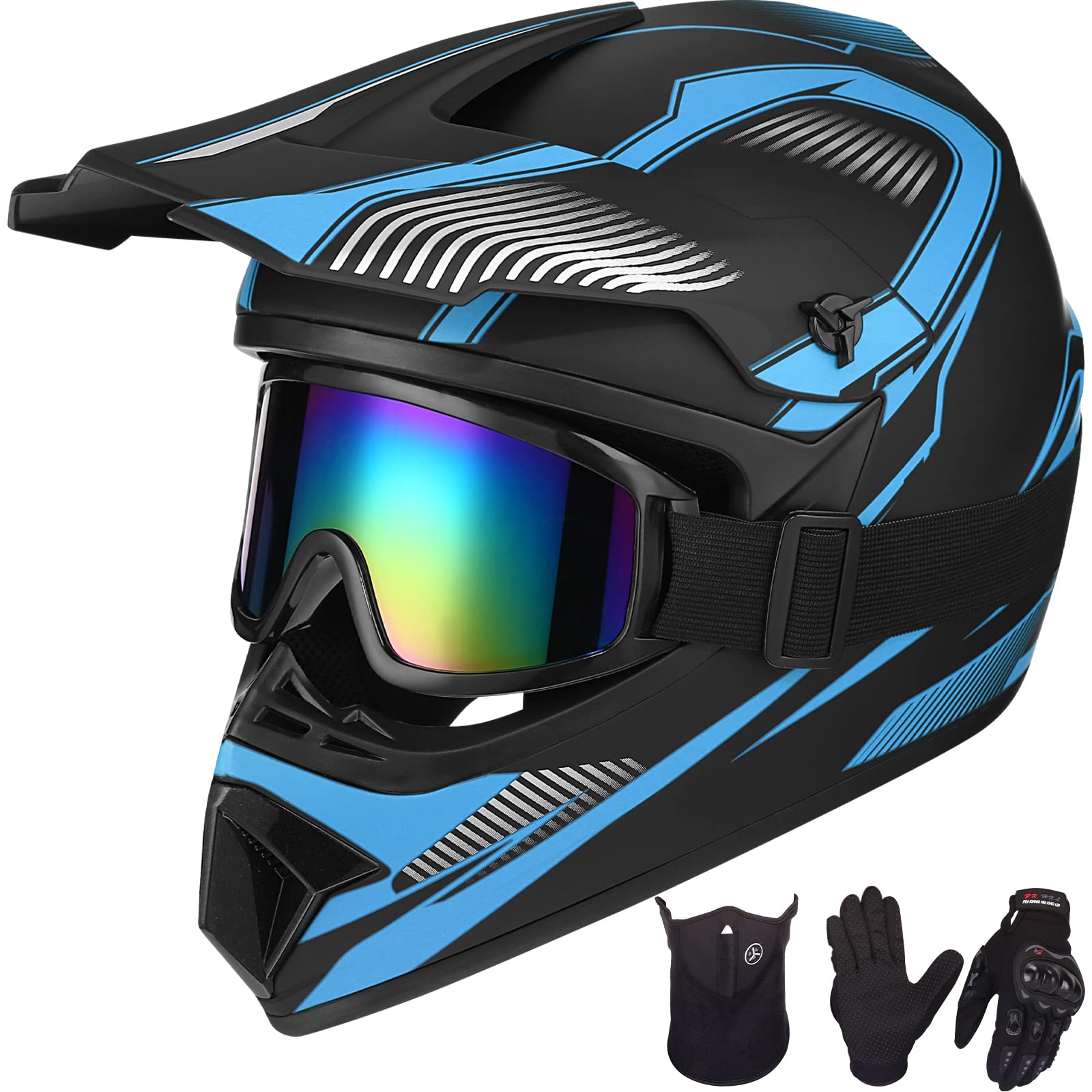 Yesmotor Youth Kids Motocross Helmet Full Face Motorcycle Dirt Bike Off-Road Mountain Bike BMX MX ATV Helmet- DOT Approved with(Gloves Goggles Mask) 4Pcs Set