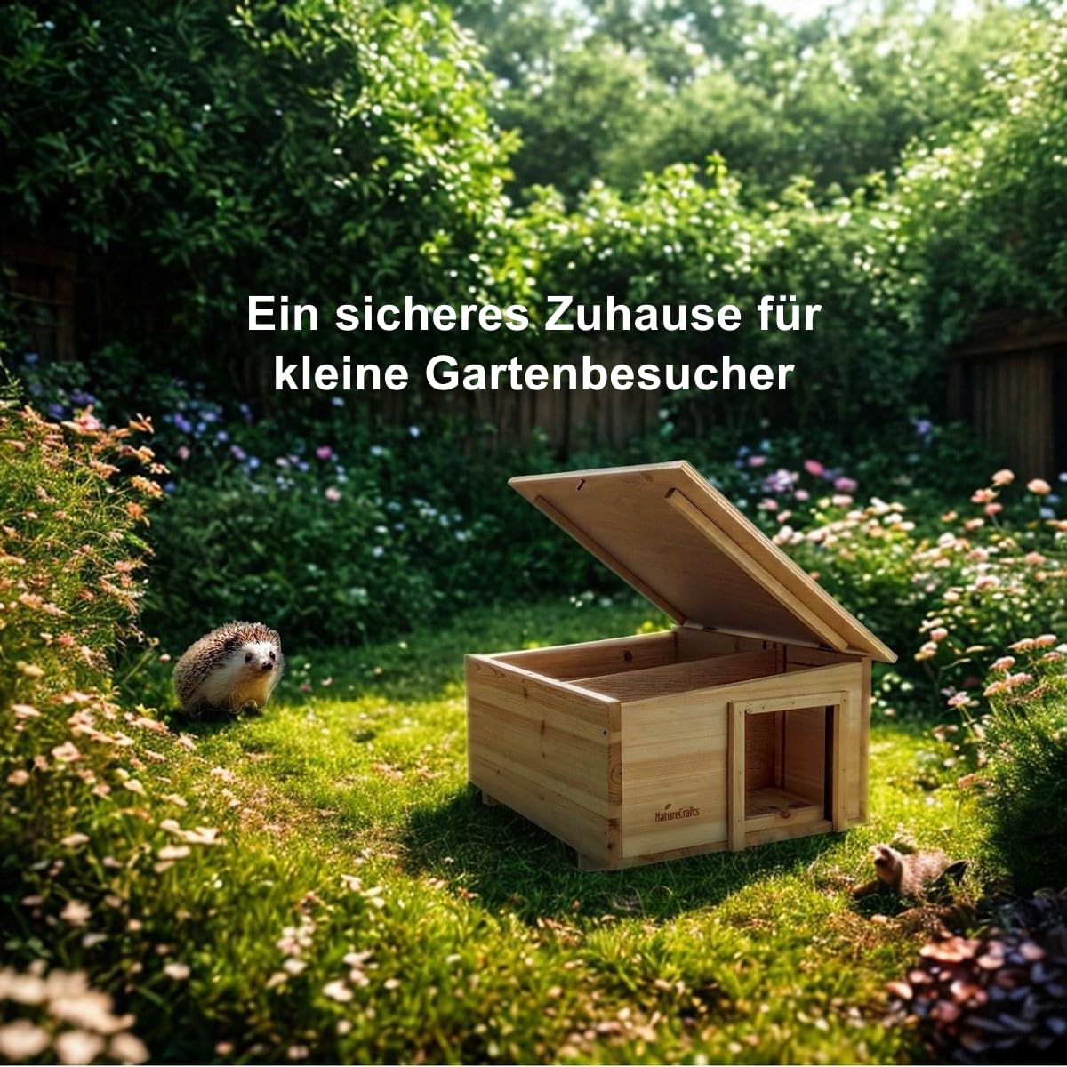NatureCrafts, casetta per ricci di alta qualità, impermeabile, con fondo e pareti spesse 1,5 cm e doppia ventilazione, labirinto regolabile con tunnel walk-in legno, casa invernale da giardino, 45 x