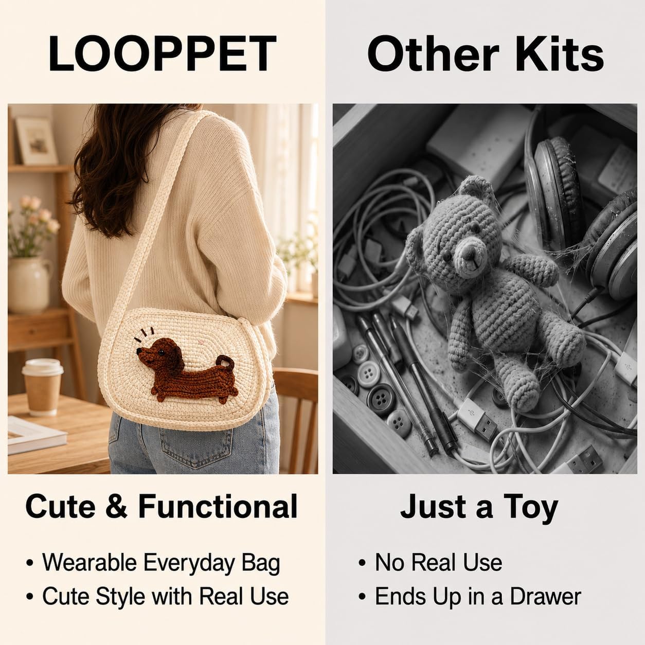 LOOPPET Crochet Kit for Beginners, DIY Dachshund Applique Shoulder Bag