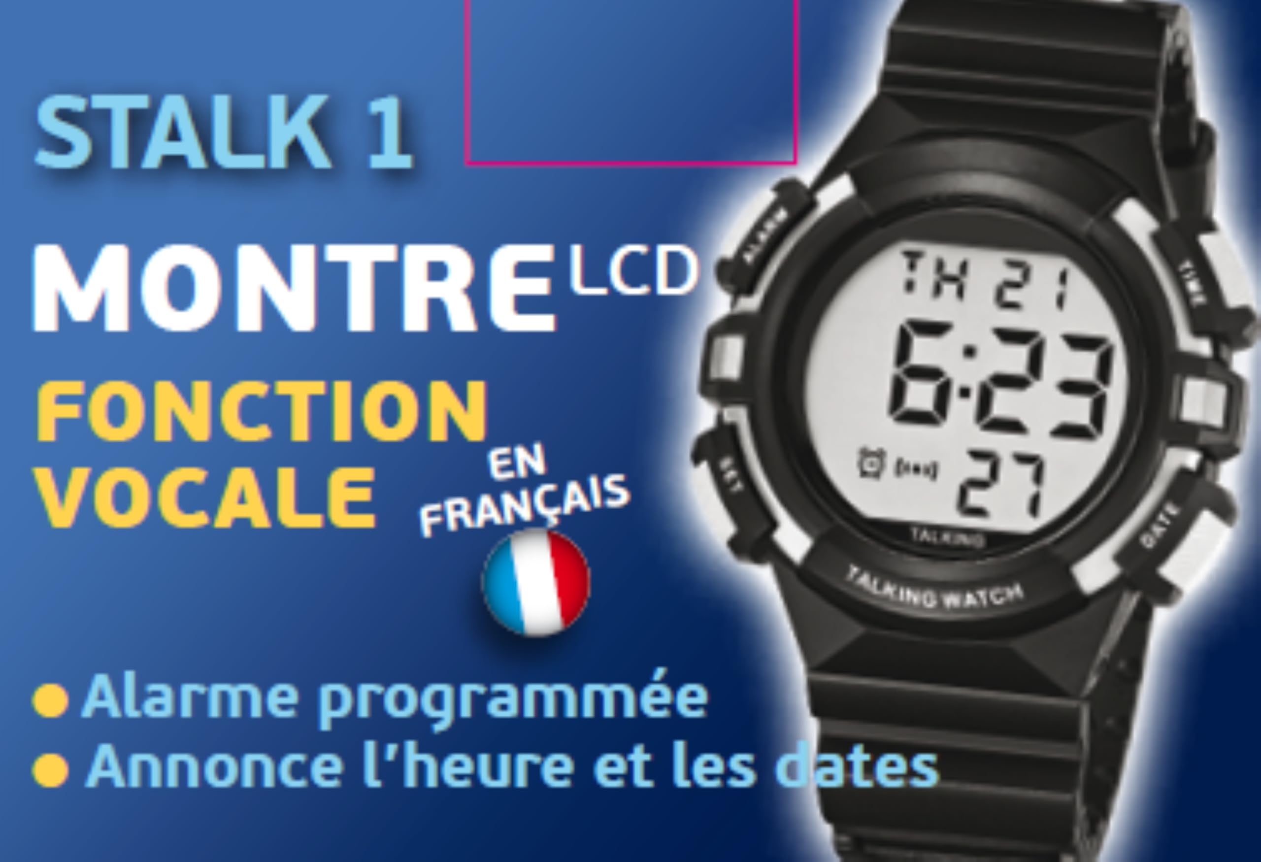 Orologio Parlante STALK 1 – Voce chiara – Data/Ora - Display Digitale – Allarme programmabile - Pulsante Singolo - Cinturino Comodo – Ideale per Anziani e Ipovedenti