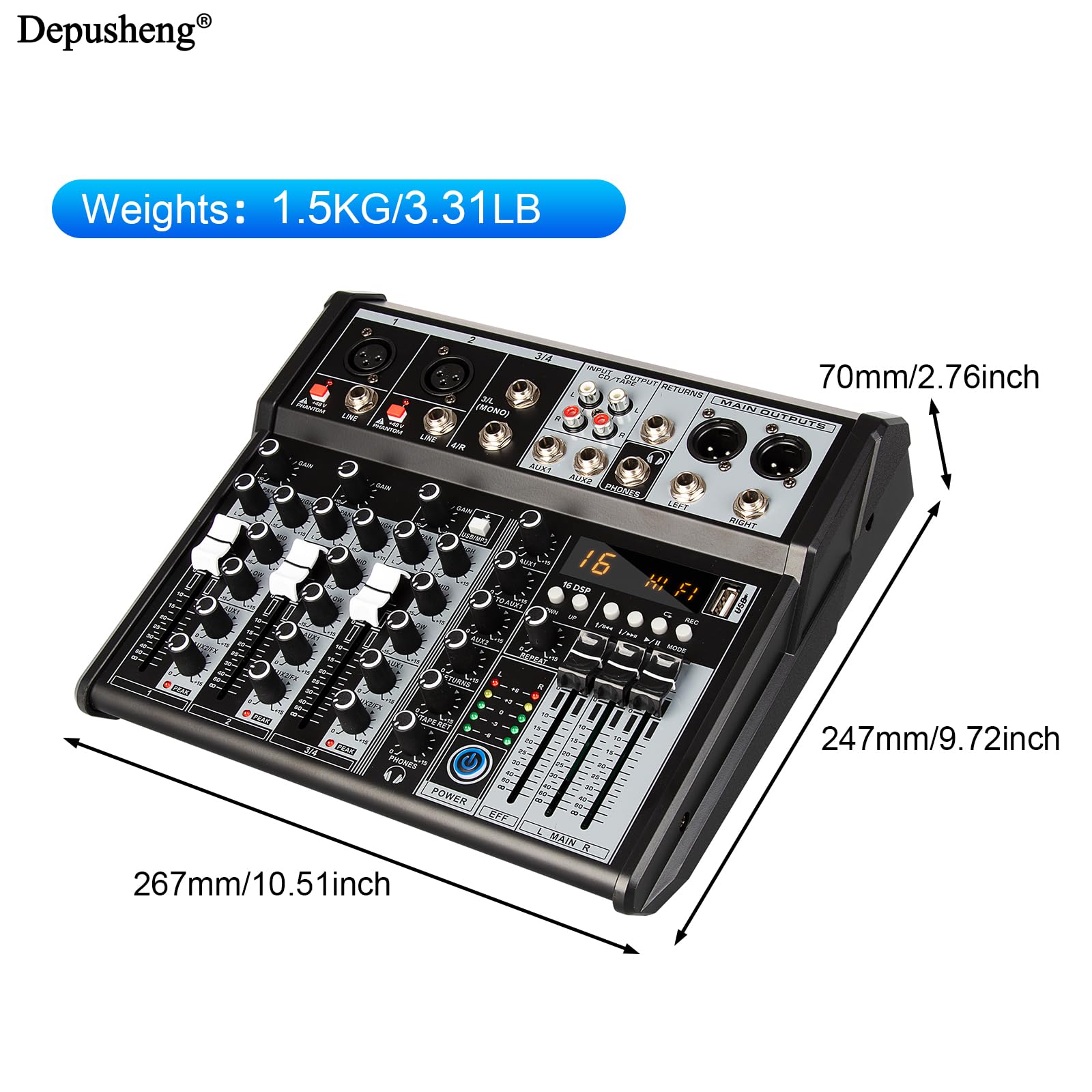 Mezclador de Audio Profesional, 4 Canales, Consola de Mezclas con Interfaz de Sonido, Procesador DSP de 16 Bits, Bluetooth, Phantom +48V para Karaoke, Estudio y Grabación