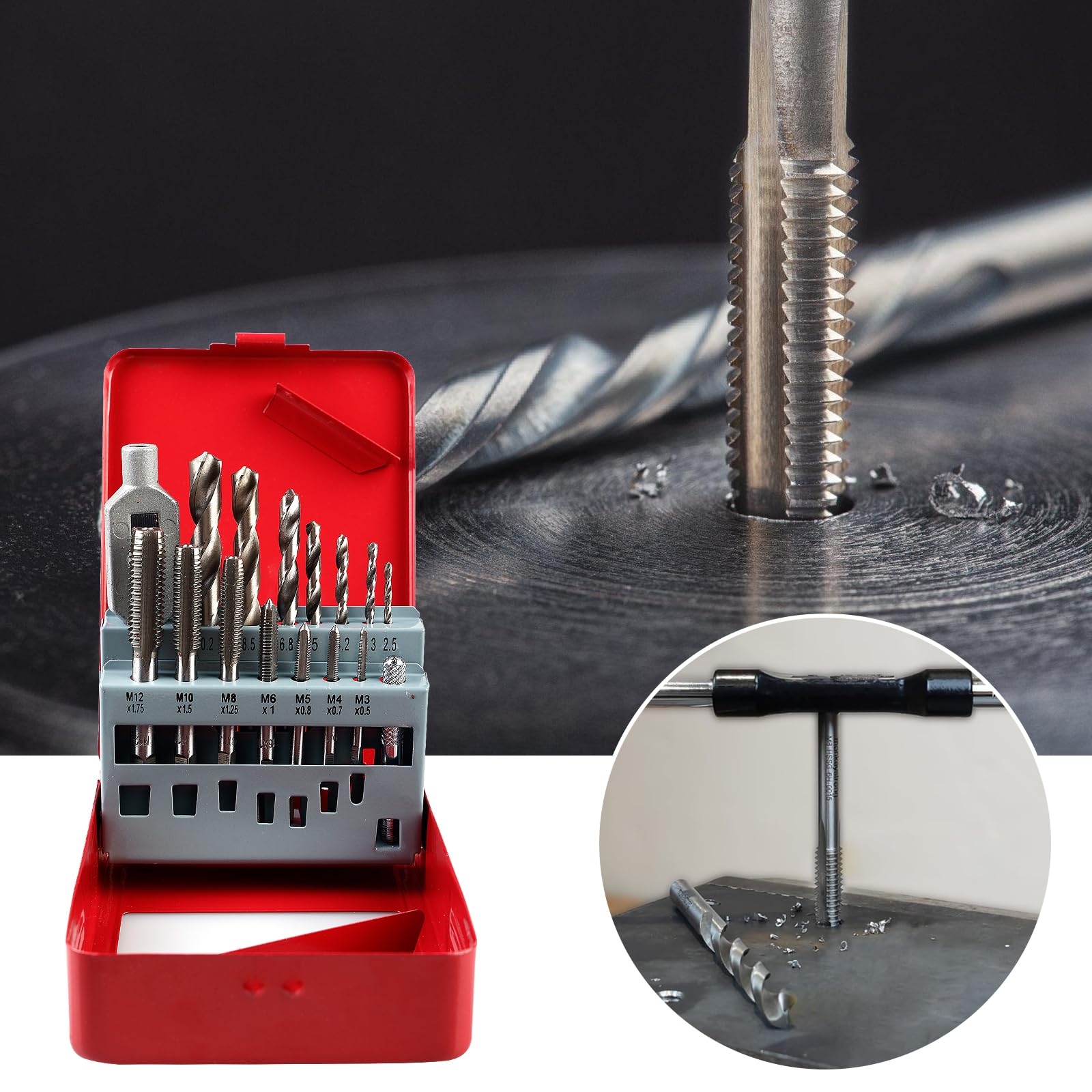 Jeu de tarauds avec cassette en métal : lot de 16 tarauds pour machine, tarauds à carotter, tarauds à tarauder, tarauds à tarauder avec foret