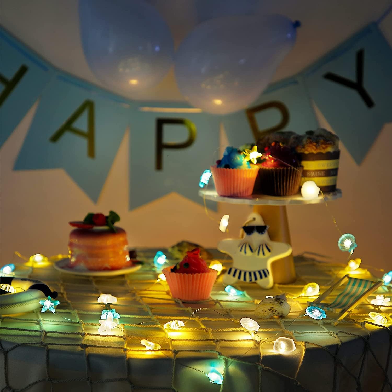 2Pcs Ocean Themed String Lights, 10ft 30 LED Starfish Seashell Fairy Lights | 8 Lighting Modes, USB & Battery Powered, Indoor Outdoor Party Decor, Ocean Beach Theme