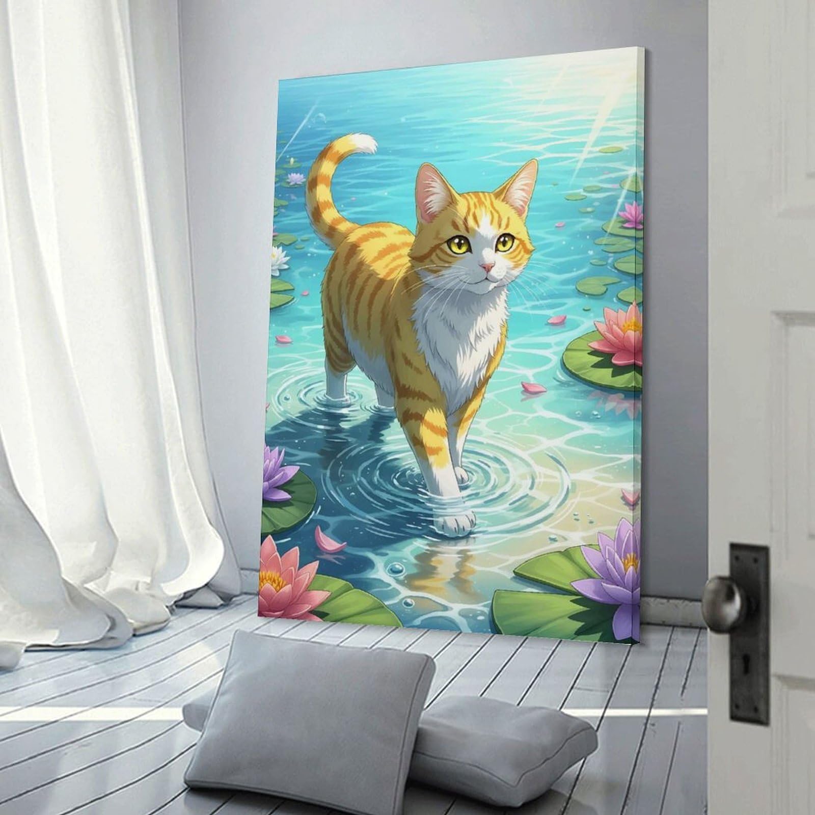Junmoney Frame-Style-24 Cat Walking On Water Lilies Pond Room Decor Wall Art 16X24inch(40X60cm), For Entrance Walls, Hall Decor Or Foyers, A Neat Decor Update For Hallways