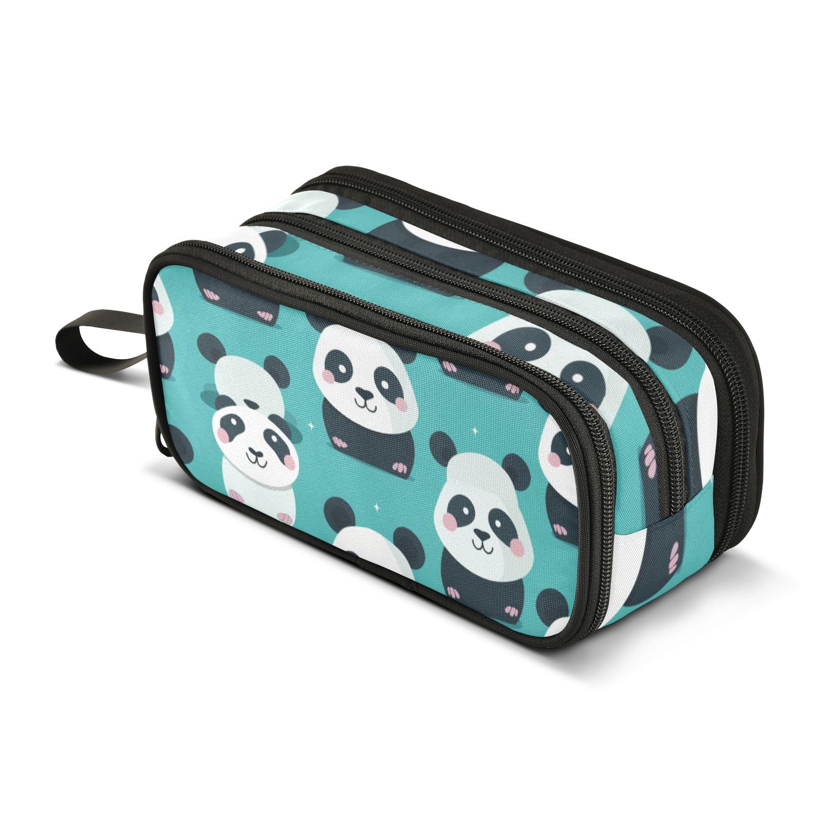 Estuche para lápices verde con diseño de pandas de gran capacidad para niños y niñas, 3 compartimentos, organizador de papelería, estuche para escuela, oficina, trabajo, Bonitos pandas verdes, Talla