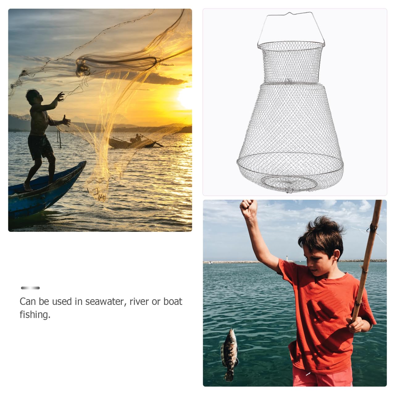 Fish Cage da Pesca Pieghevole in Acciaio Inox Argento | 1 Pezzo, Uso in Acqua Salata e Fiume, Struttura a Rete Metallica, Robusto e Facile da Ripiegare