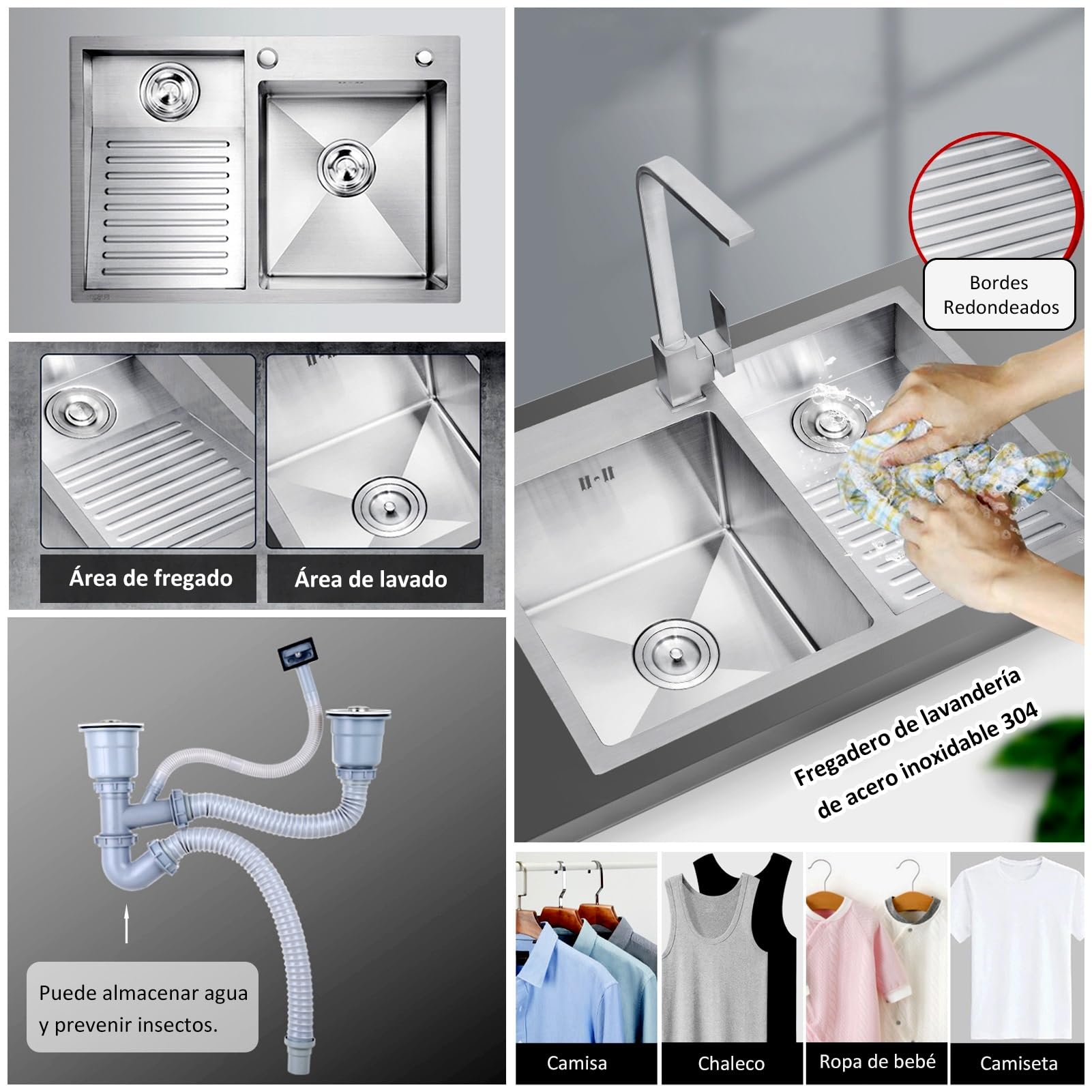 Lavadero Ropa a Mano 60x48cm, Lavandería de Acero Inoxidable 304, Con Grifo, y Kits de Drenaje, Lavadero Pila Exterior, Pila de Lavar, Fregadero Cocina, Lavanderia Lavabo, Fregadero Exterior, Right