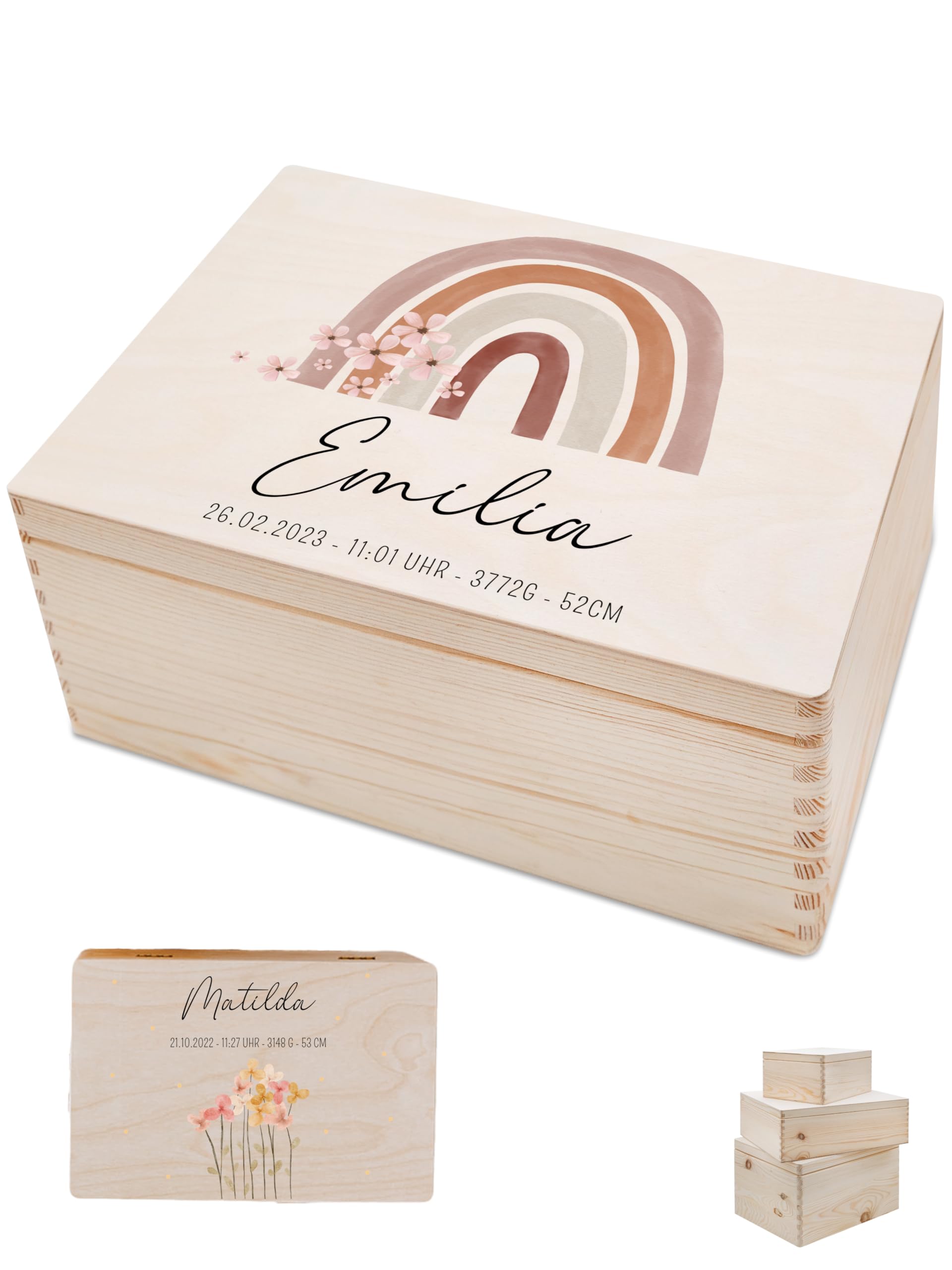 Bärenfreunde - Personalisierte Erinnerungsbox Baby mit Spezial-Druck - Individuelle Baby Erinnerungsbox - Erinnerungskiste aus Holz - Geschenk zur Geburt (M | Klappdeckel,Regenbogen Blumen)