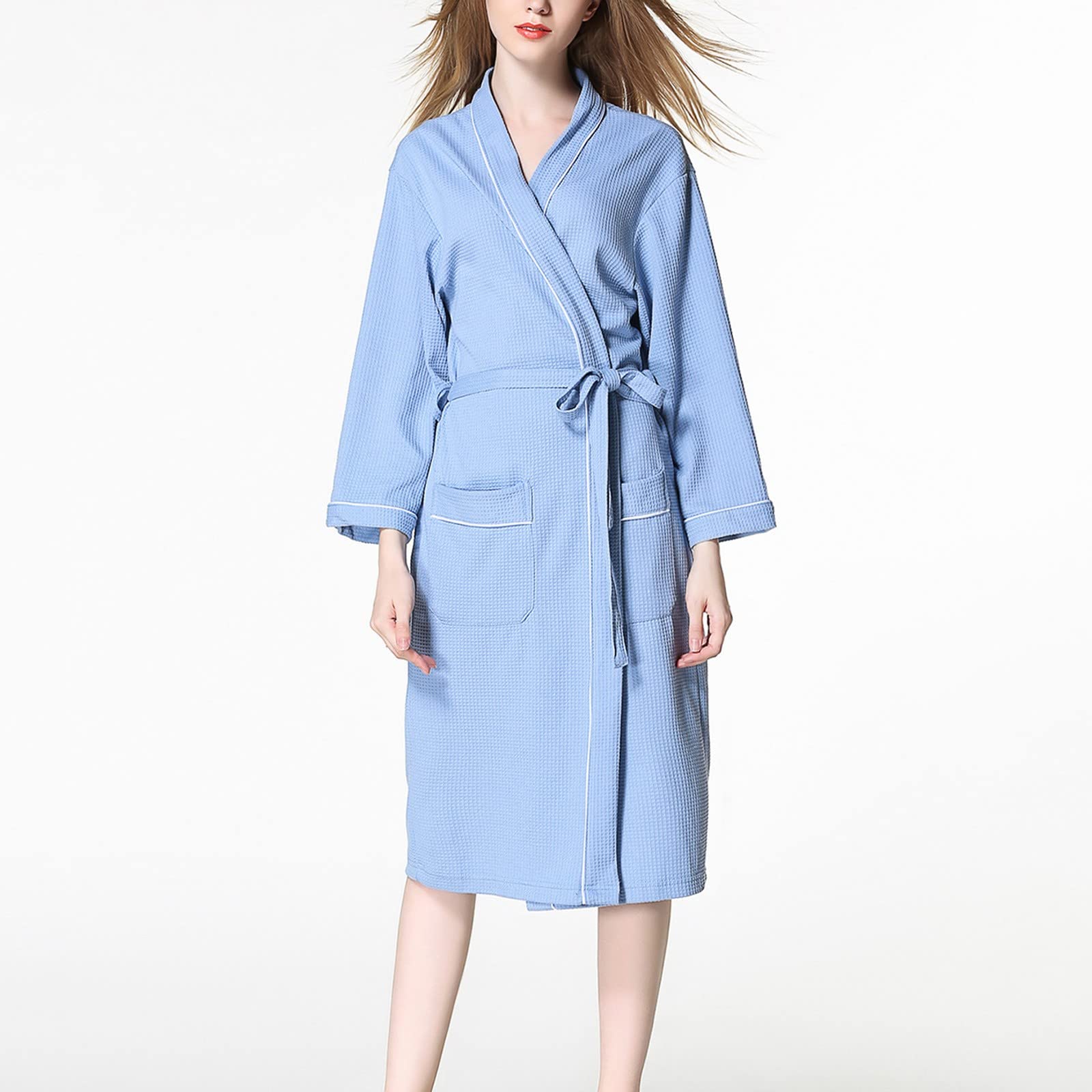 Generisch Accappatoio da donna lungo, in maglia, leggero e morbido, per ore di relax a casa, abbigliamento elegante con cintura, tessuto facile da pulire (azzurro, M)