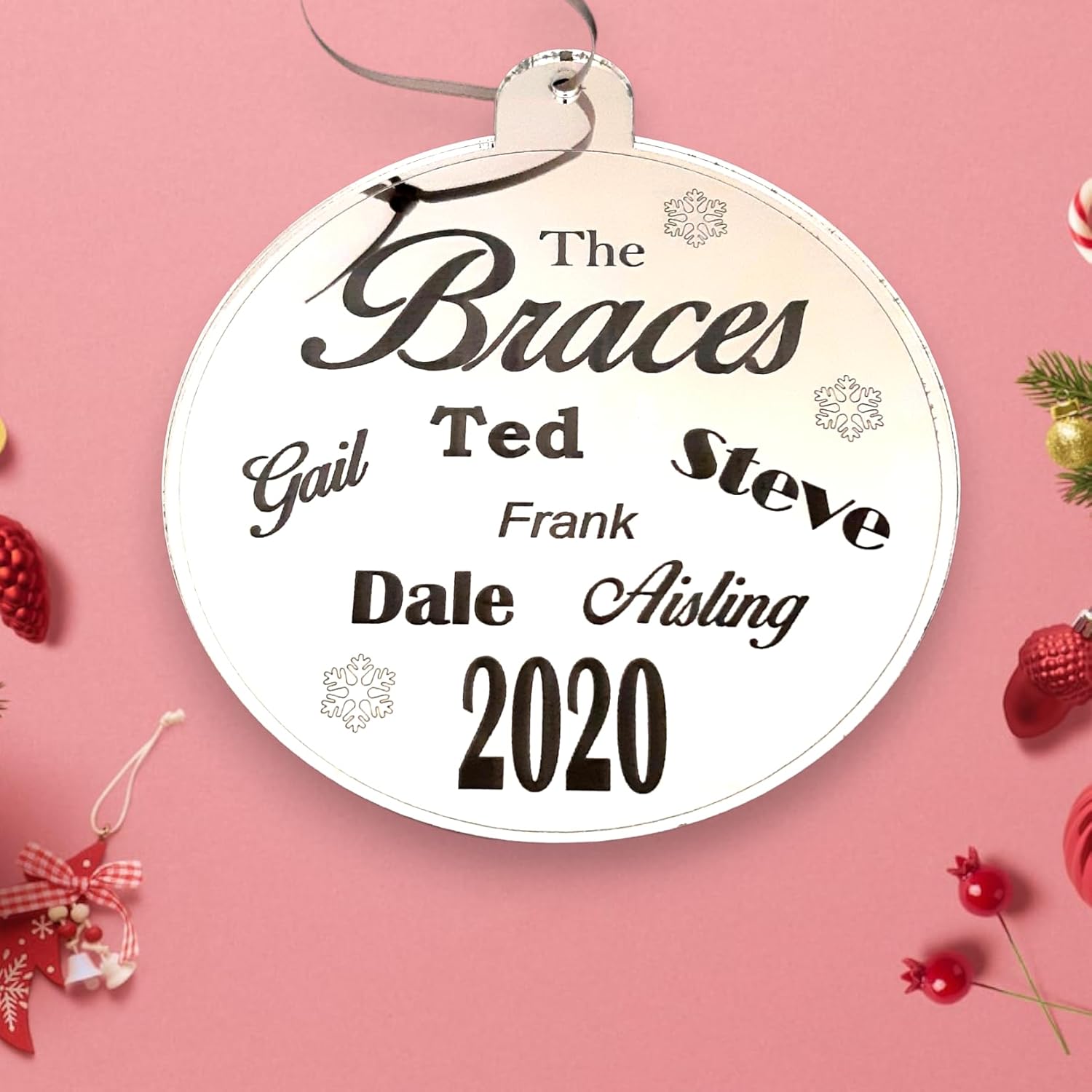 Bauble "Family Names" Personalised Engraved Christmas Tree Decorations, Sold Singularly (14cm, A Silver Mirror)