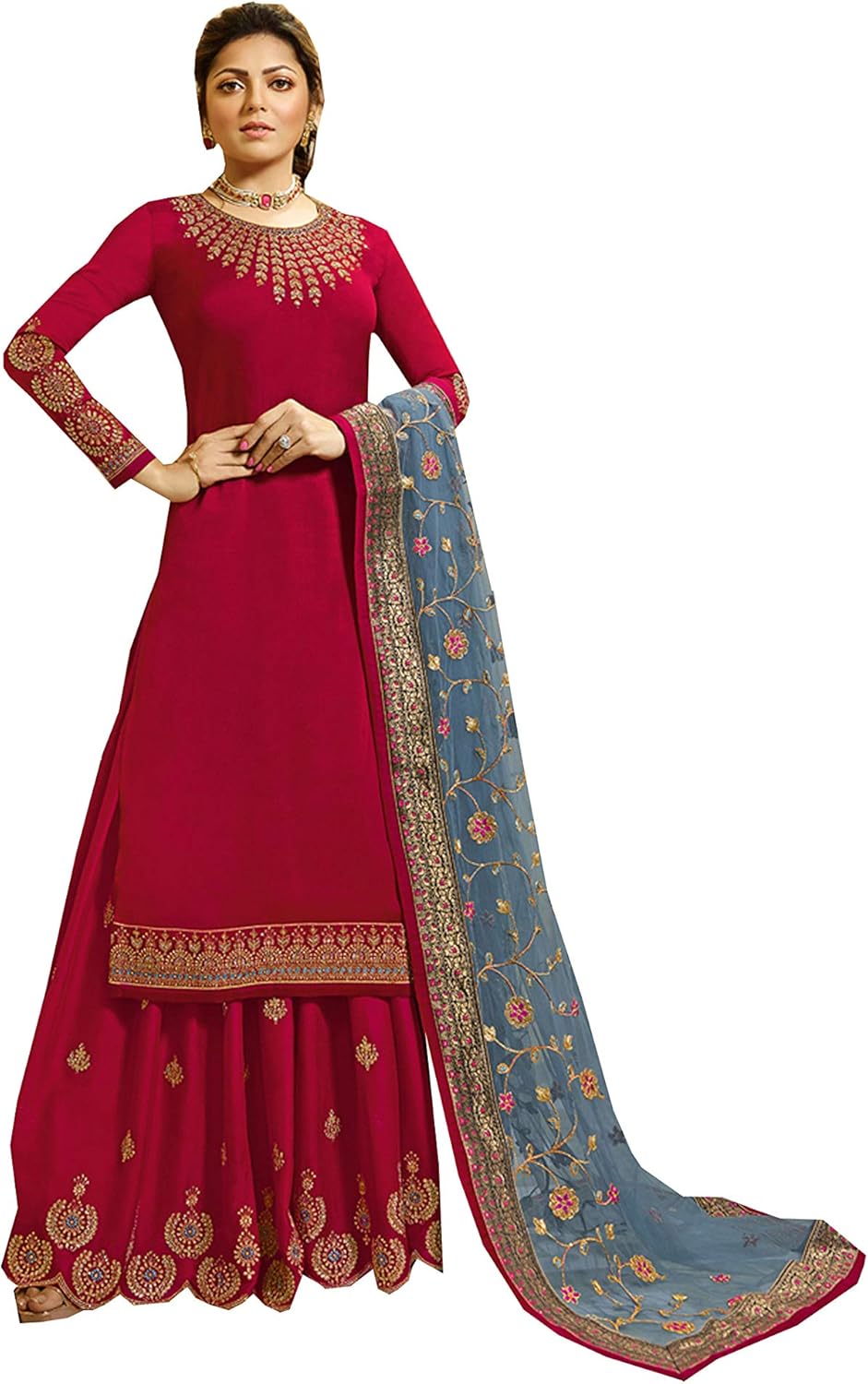 ArtZiya Indian/Pakistani Sharara Style for Women Georgette Plaazo Salwar Kameez LT 4201 Ready to Wear Salwar Suit Pakistani (Red, X-Large)