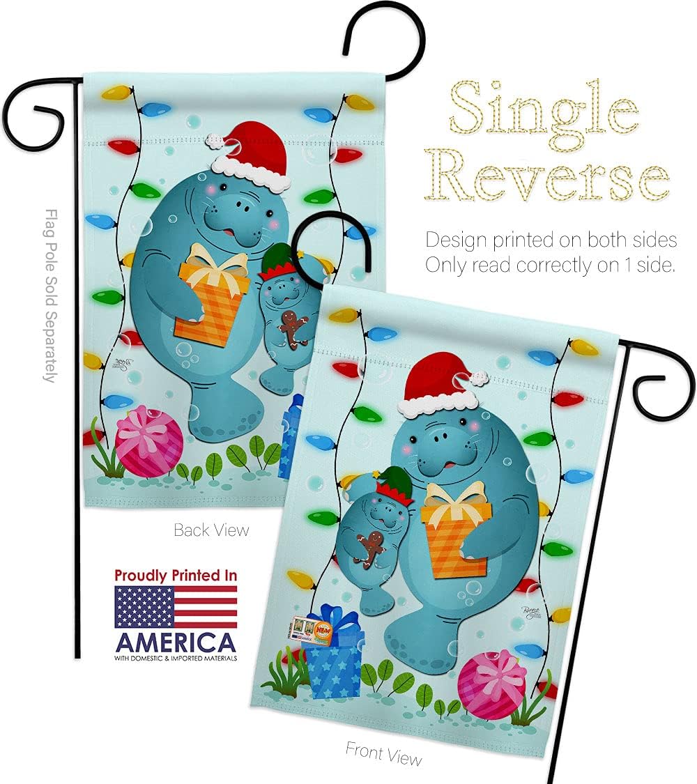 Manatees Christmas Garden Flags 2pcs Pack Animals Sea Creature Nautical Ocean Fish Outdoor Summer Marine Small Decorative Gift Yard House Banner Made In USA 13 X 18.5