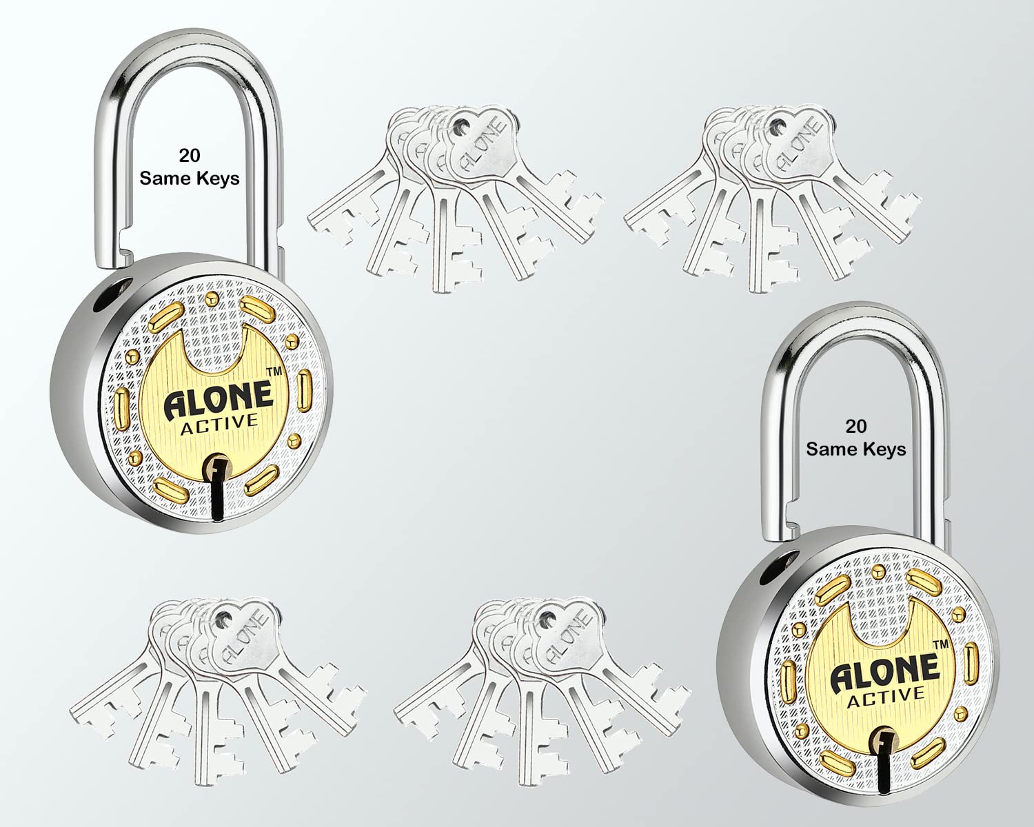 alone round locks 65mm 20 same keys wiht 2 padlocks | 8 levers double locking | lock and keys for home door main gate shop shutter grill, brass gold finishing (pack of 2)