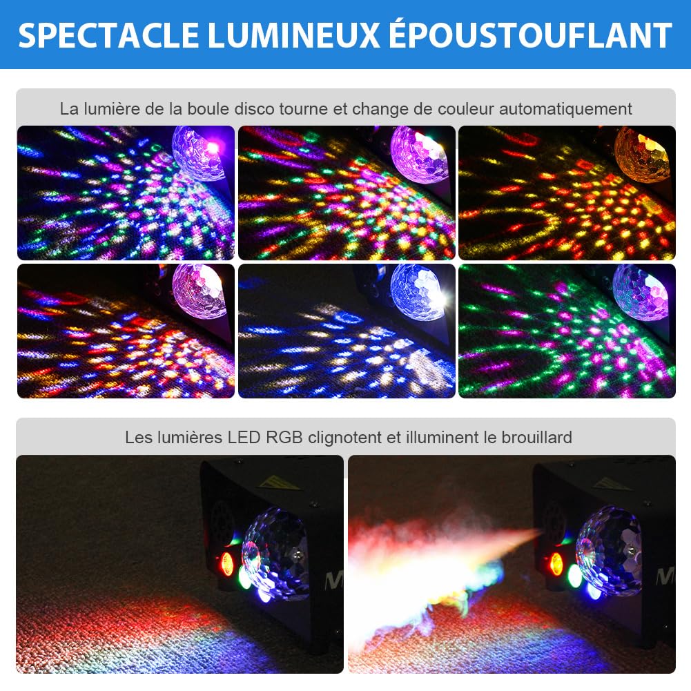Machine à Fumée, Machine à Brouillard avec Lampe à Boule Disco et Lumières LED RGB pour Fêtes, Anniversaire, Mariage, Halloween