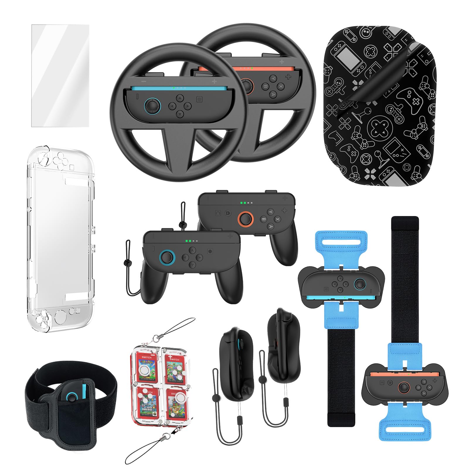 TEHAOUU Set sportivo quattordici in uno per Nintendo Switch 2: volante, manopole, polsini, mouse, custodia in cristallo e pellicola protettiva in vetro temperato
