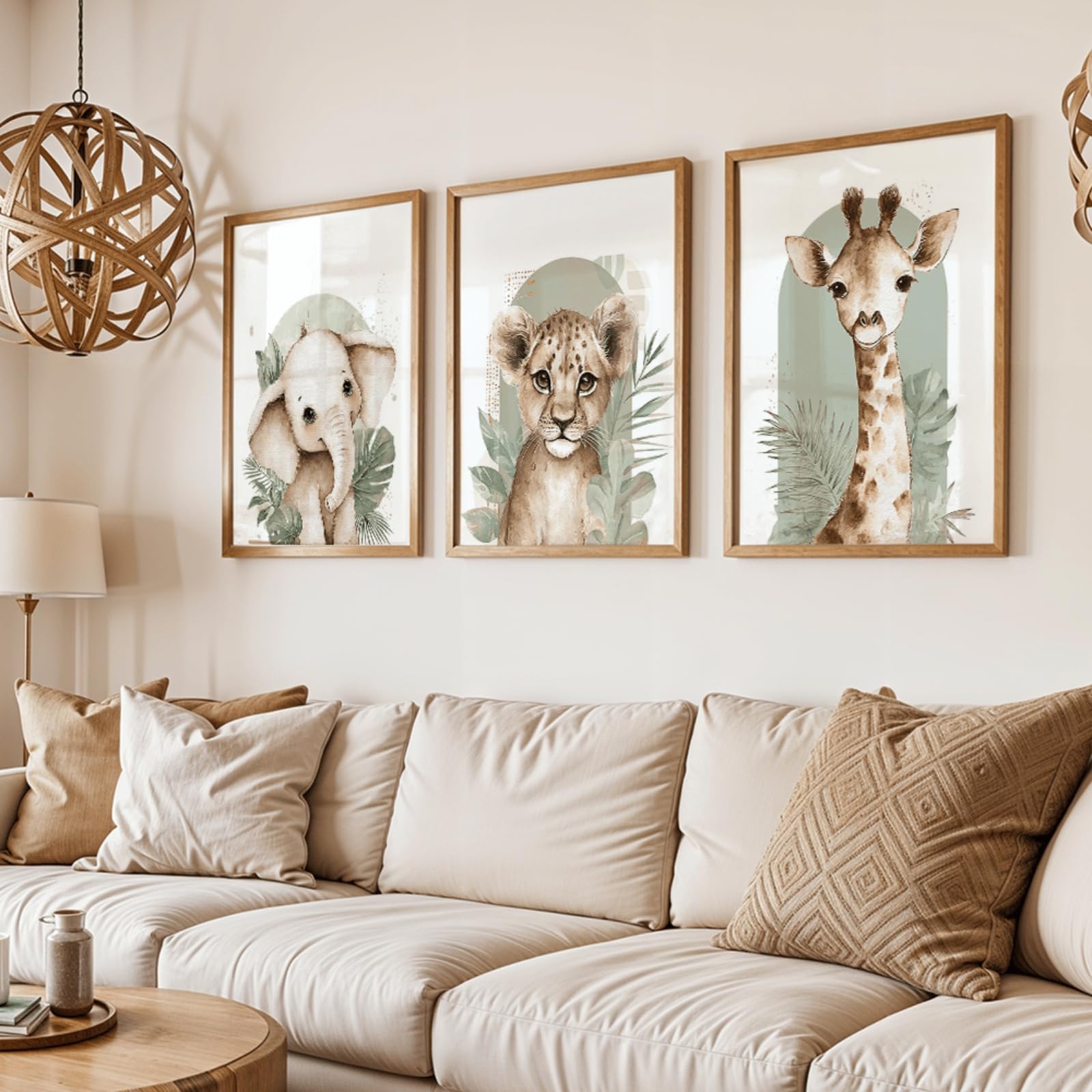ZBELLO Set of 3 Posters, 2D Flat, Animal Posters, Vintage Poster Art Print, Elephant, Lion Cub & Giraffe Prints, for Bedroom, Hallway and Living Room Décor, Unframed (40x50cm)