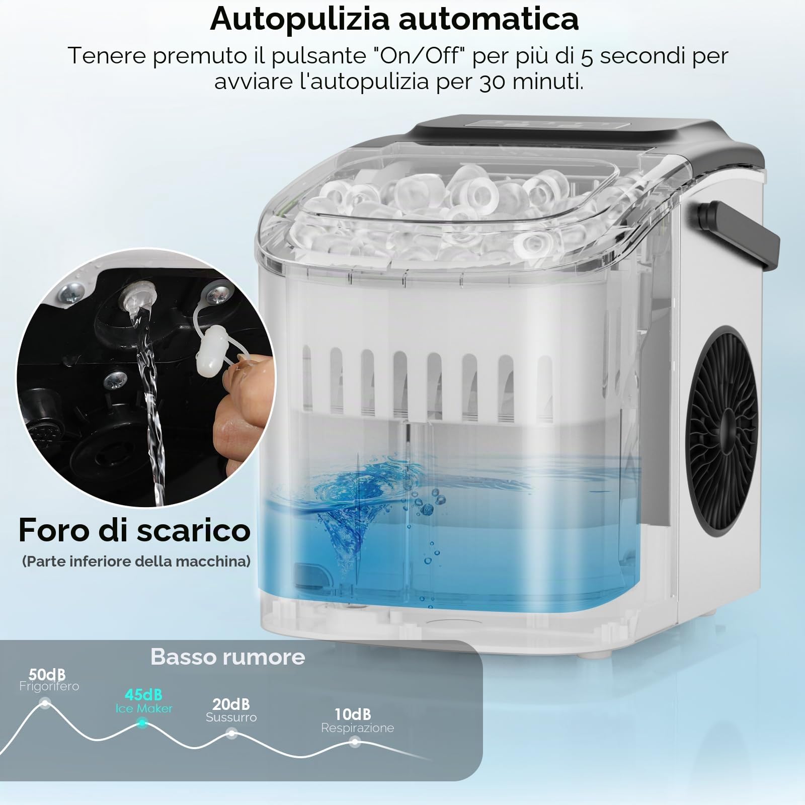 Macchina Ghiaccio, 12 kg/24h, 9 Cubetti di Ghiaccio in 6 Minuti, 2 Dimensioni di Ghiaccio, Silenzioso, Macchina del Ghiaccio con Maniglia, Macchina per il Ghiaccio Autopulente per Cucina/Ufficio/Bar