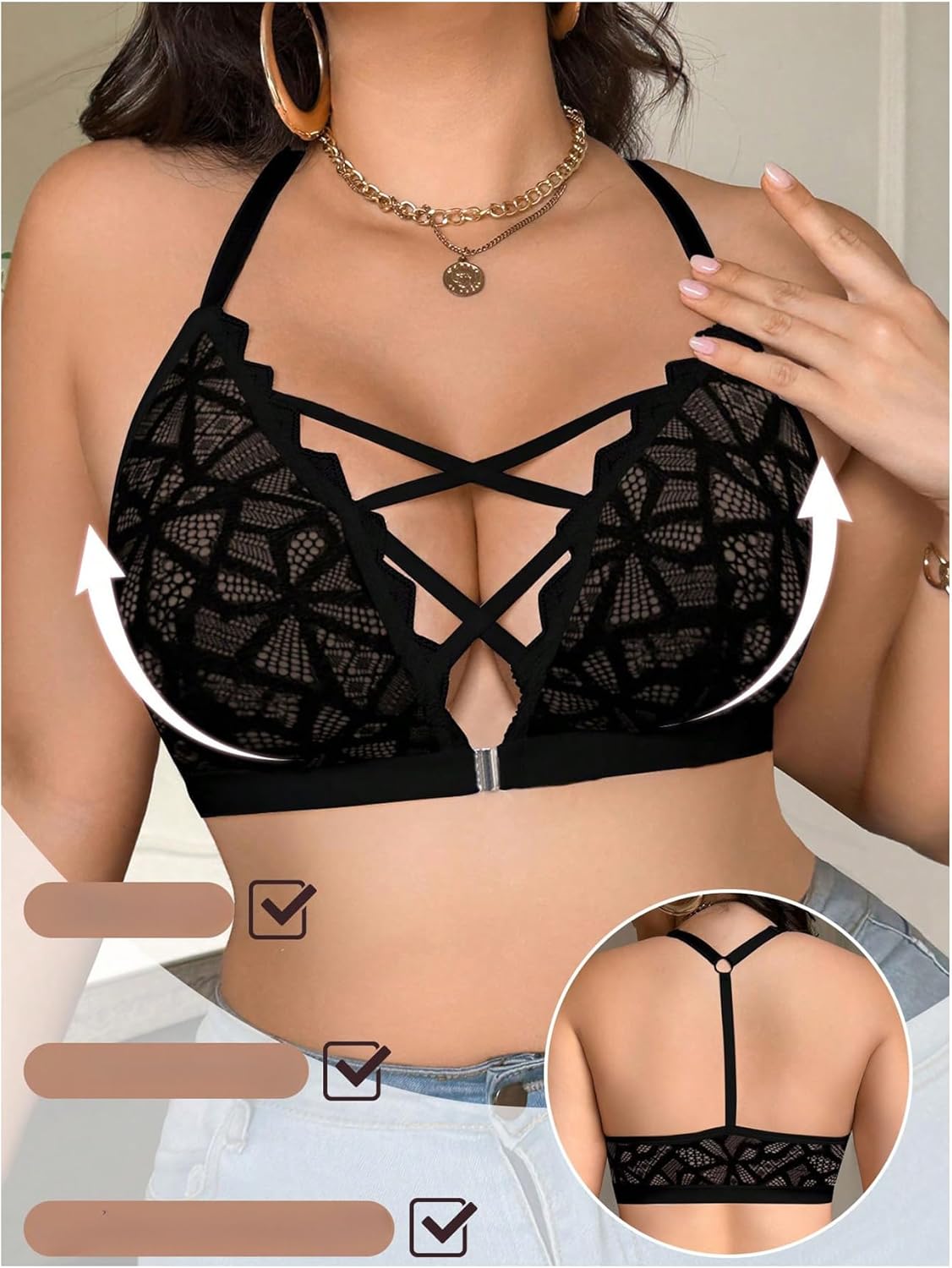 SOLY HUX Plus Size Lace Bras for Women Front Closure Bra Criss Cross Wireless Bralette - Image 3