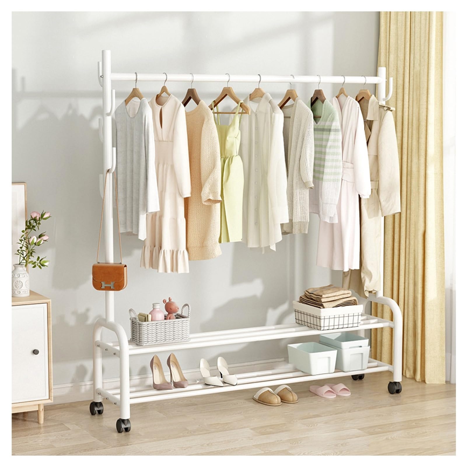 Aycdl White Metal Clothing Rack With 2-Tier Storage Shelves Heavy-Duty Rolling Garment Stand With 7 Hooks For Basement Attic Entryway Bedroom Max Load 100Kg,-150Cm