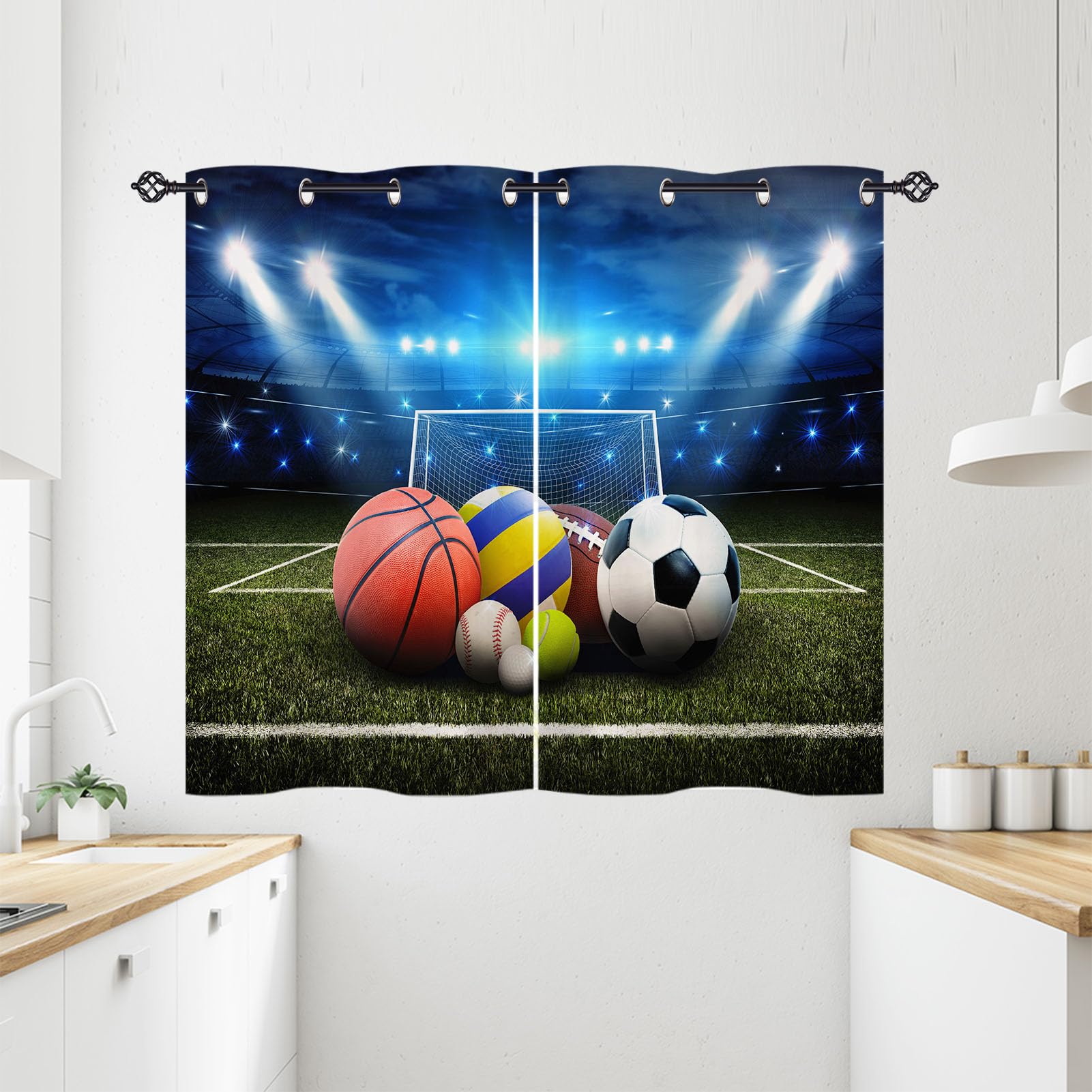 ANHOPE Sports Curtains Eyelet 80% Blackout Room Darkening Curtains with Football Basketball Baseball Print Pattern Thermal Insulated Window Drapes for Bedroom Living Room 28 x 54 Inch Drop 2 Panels