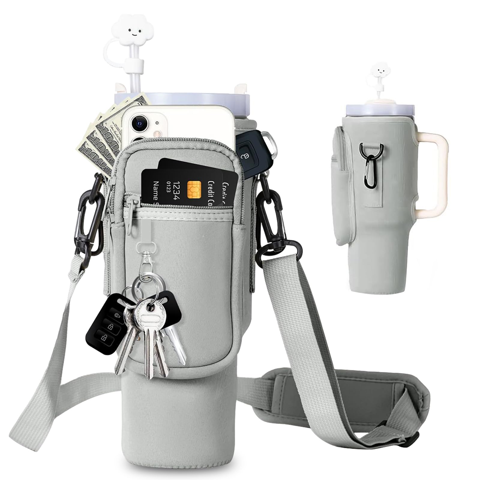 Stanley Cup Bag 1.2 L / 40 oz - Practical Carry Bag with Mobile Phone Pocket, Keyring & Adjustable Strap for Outdoor, Office, Travel and Sports (Silver Grey)