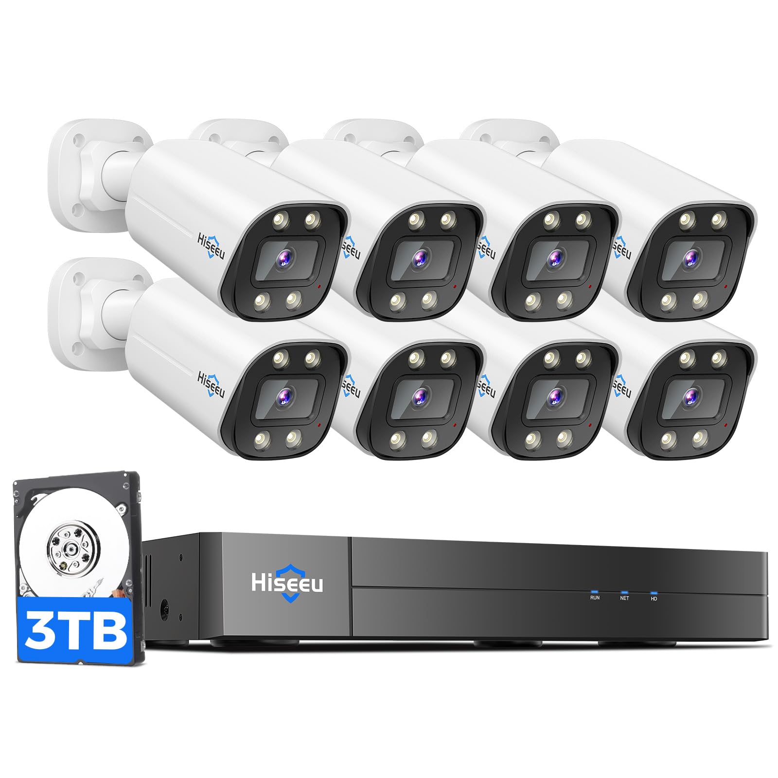 [4K HD+Color Night Vision] Hiseeu PoE Security Camera System, Home Security System w/ 8 MP PoE Cameras, 121°Wide Angle, Human Vehicle Detect, 2 Way Audio, 16ch NVR for Home Surveillance Indoor&Outdoor