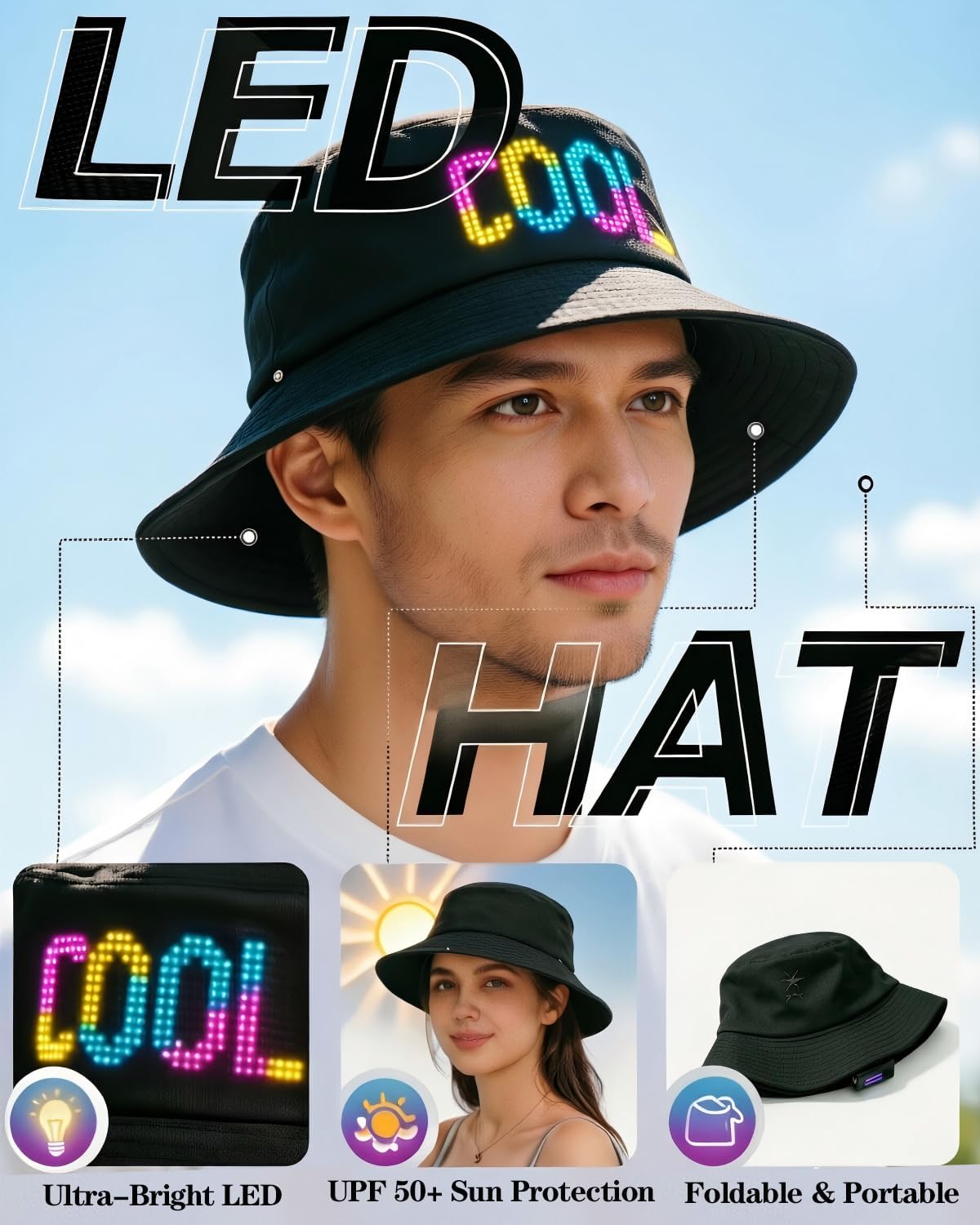 LED Bucket Hat, Programmable Light Up Hat with Bluetooth App Controlled Custom Display Glow Hat for Men Women