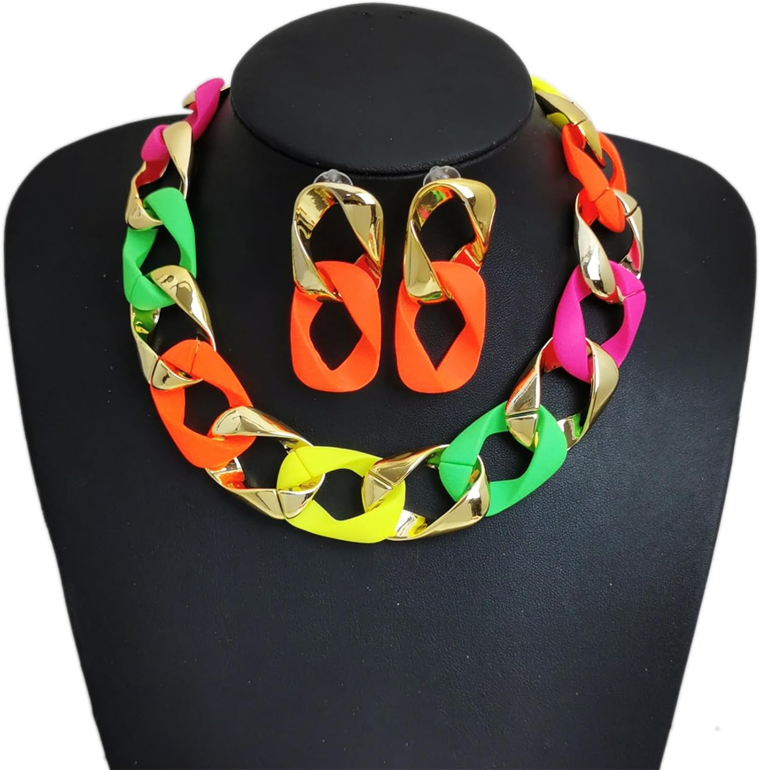 WCRAZYE Boho Chunky Necklace Earrings Set for Women Colourful Acrylic Chunky Statement Cuban Link Chain Collar Necklace Retro Neon 80s Jewelry - Image 6