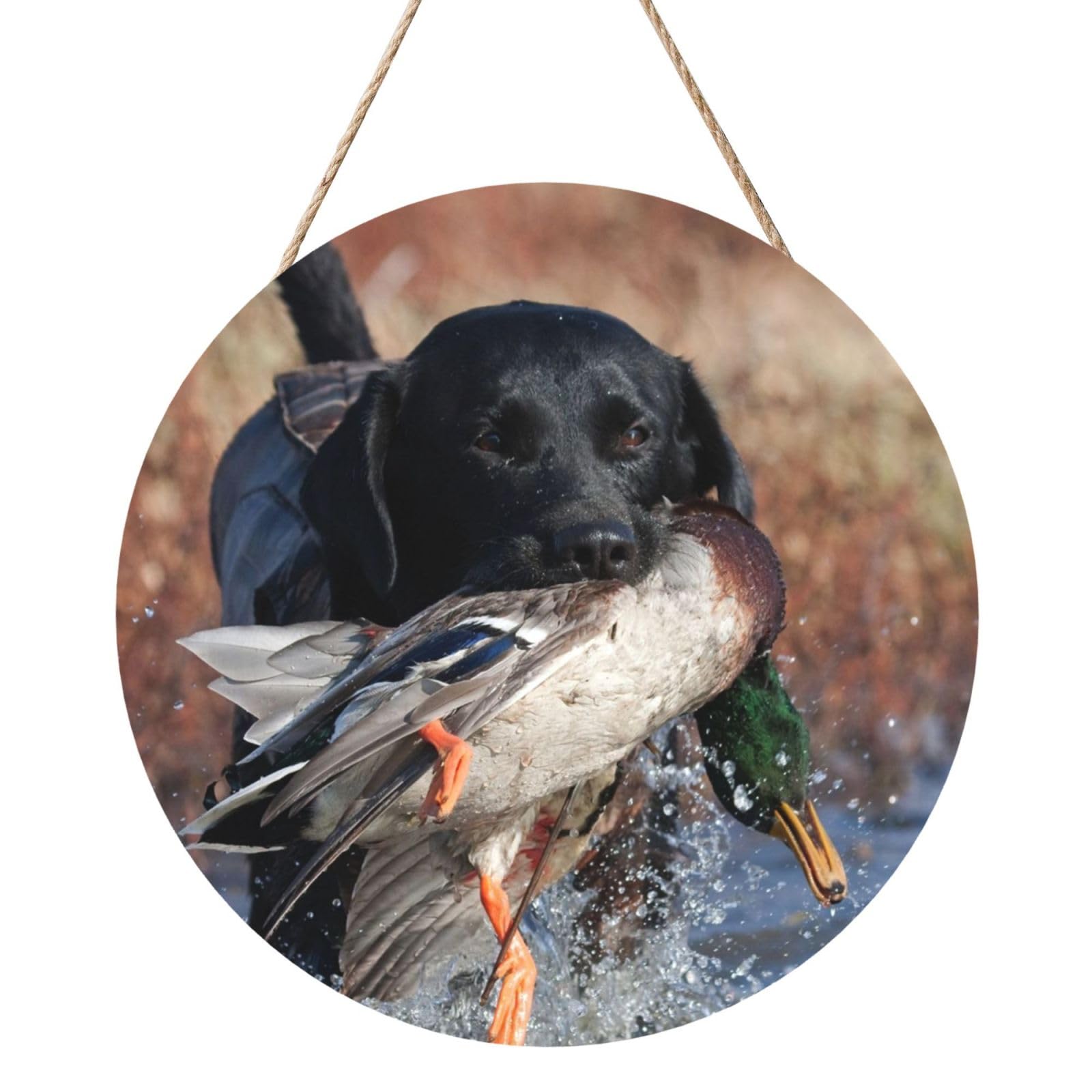 InOmak Duck Hunting Labrador Dog Cool Black Puppy Animal, Round Wood Panel Painting 12 in, Wall Hanging Painting For Home