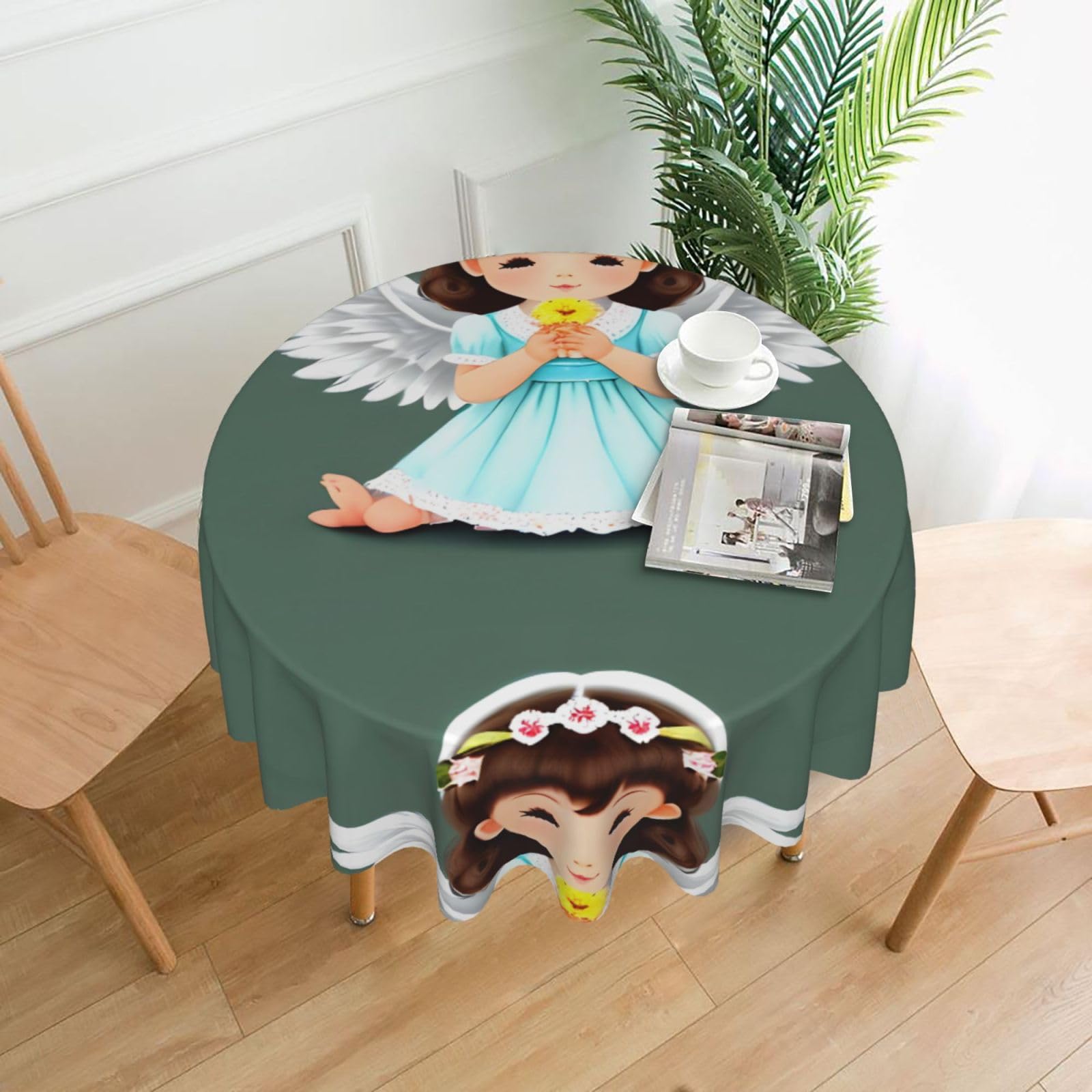 WHJSSF Cute little angel Prints Round Decorative Table Throw 60 Inch – Waterproof Table Cover for Dining, Coffee Tables, and Outdoor Events