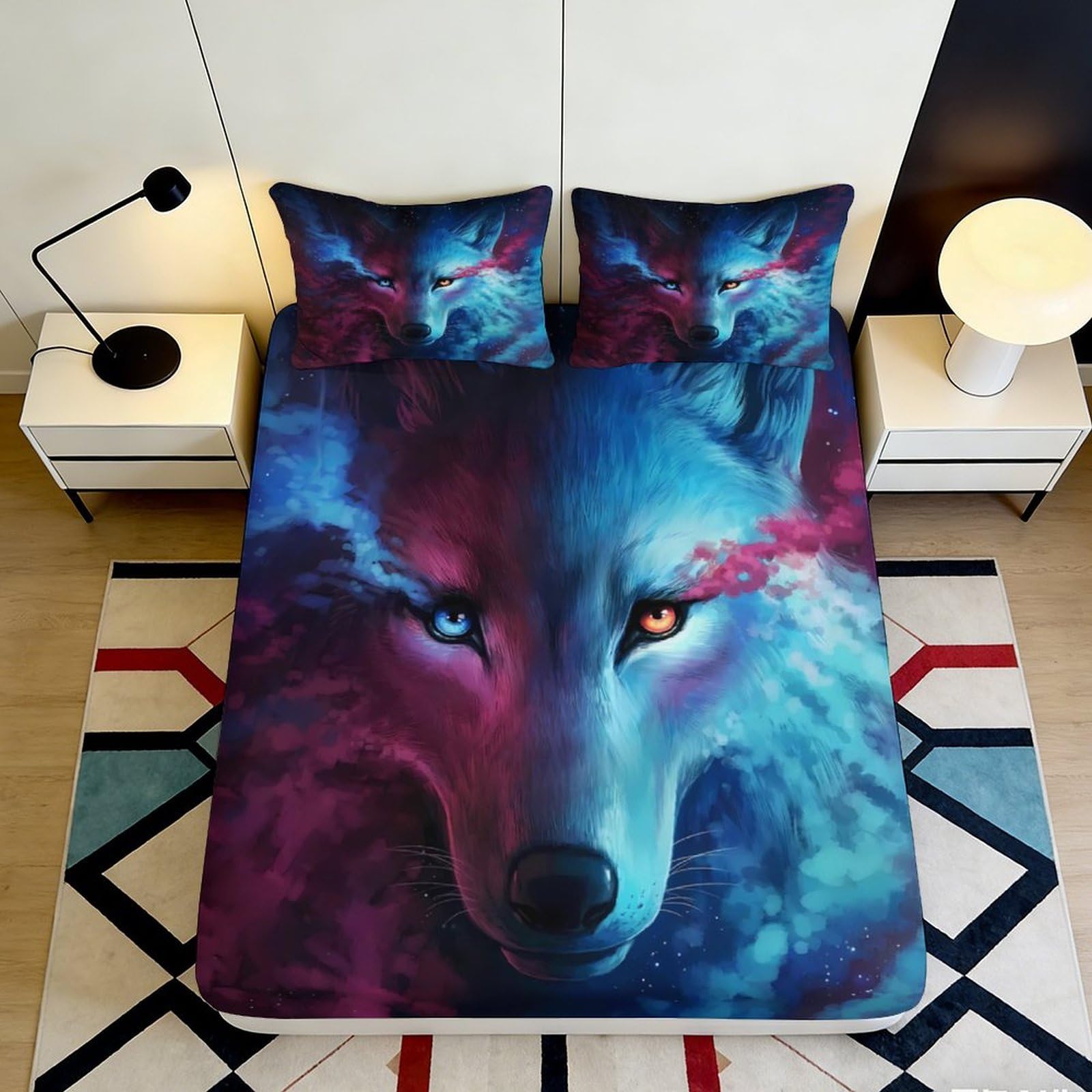 3D Printed Mystic Wolf Fitted Sheet Microfiber Soft Breathable Aurora Bed Cover for Bedroom Guest Room Mattress Protection Decor 90x200x25cm