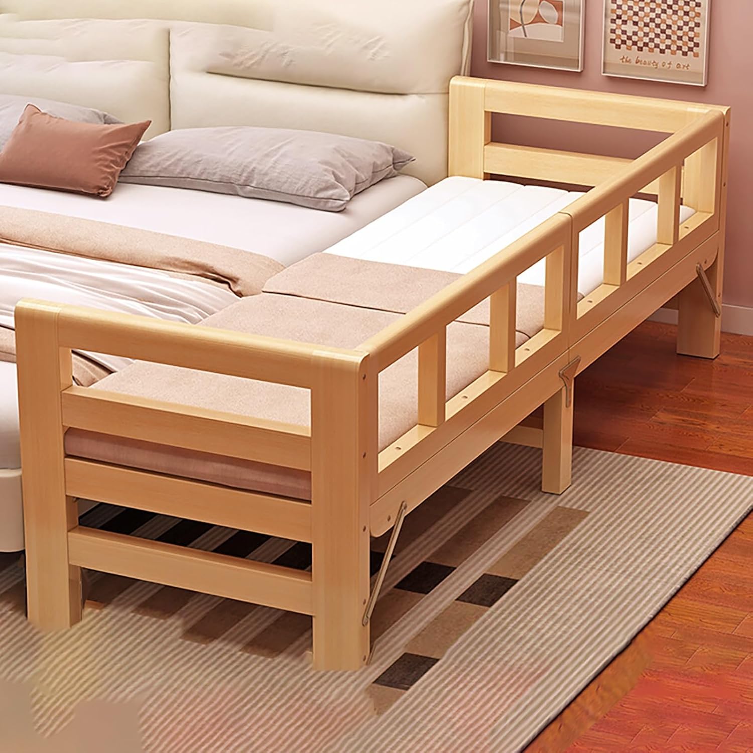 Modern Vintage Folding Wood Bed with Safety Guardrails, Interior Lightweight Bedside Sleeper Toddler Platform Beds Frame for Anti-Fall, High Load-Bearing(71 x 16 x 16 in)