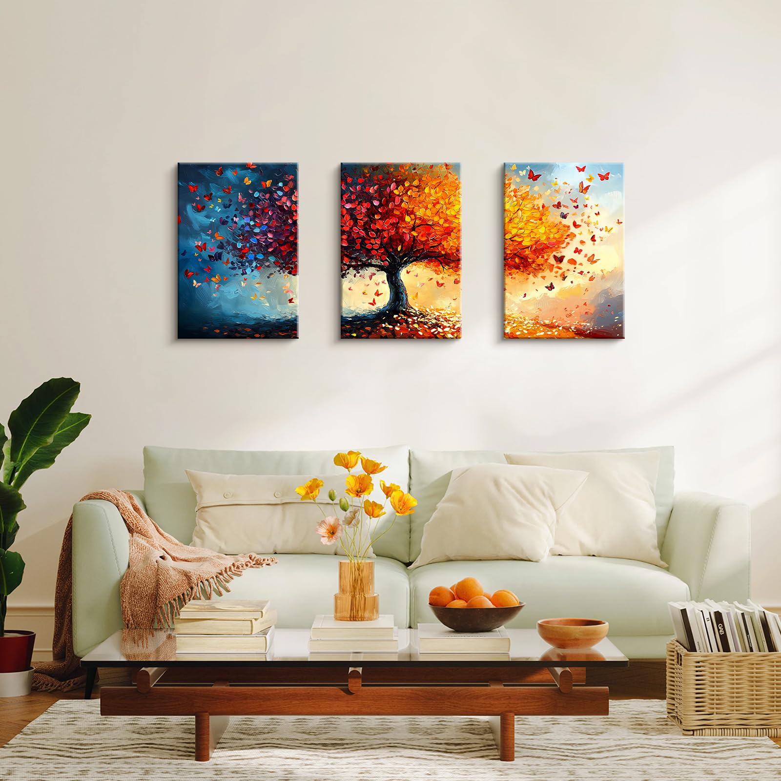 3 Pcs Orange Red Tree of Life Tree Canvas Wall Art - Image 3
