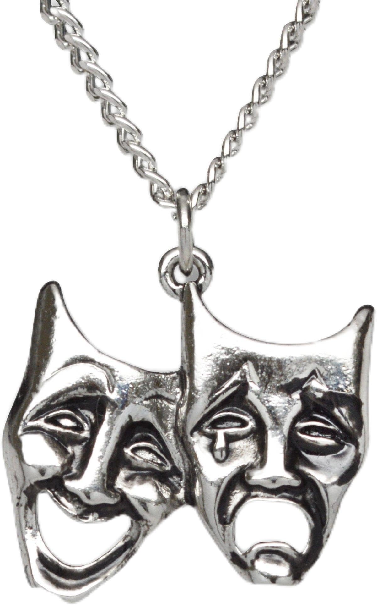 Comedy Tragedy Masks for Drama Theater and Actors Silver Finish Pewter Pendant Necklace