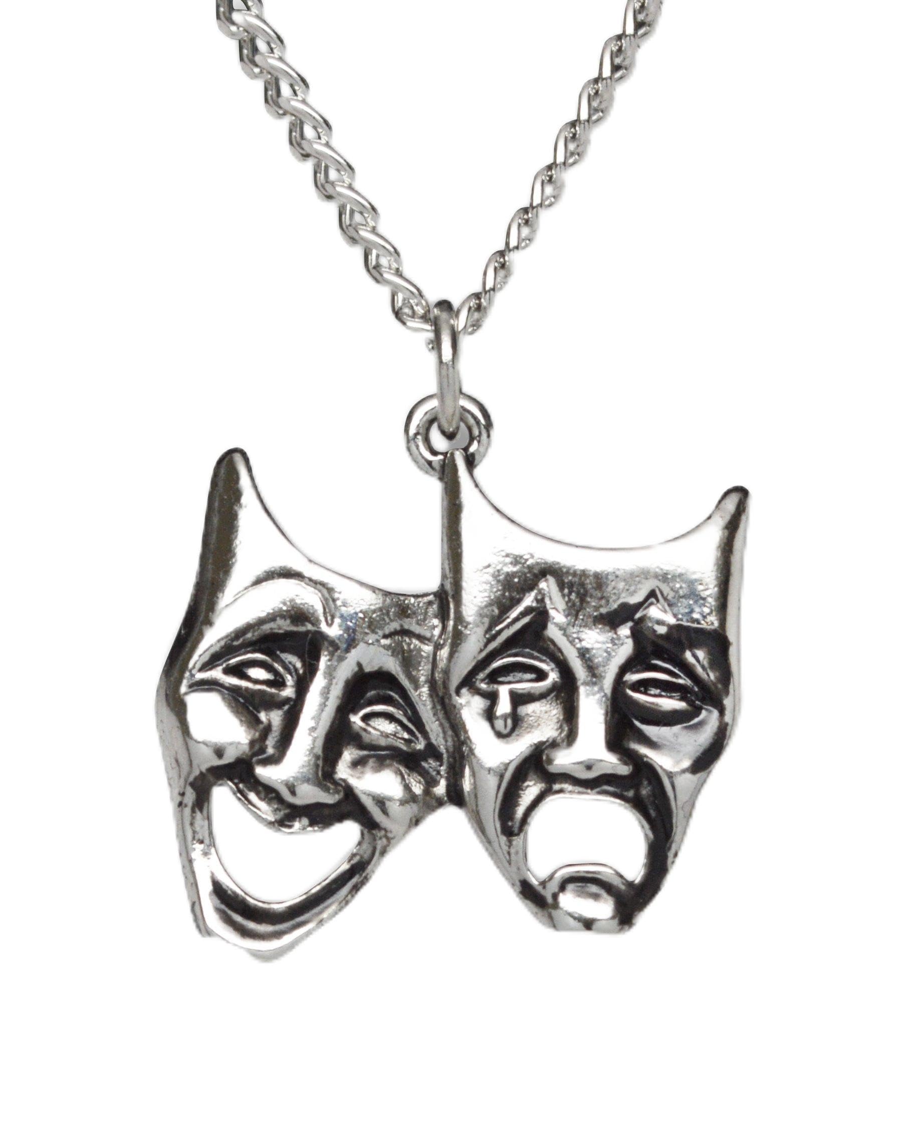 Comedy Tragedy Masks for Drama Theater and Actors Silver Finish Pewter Pendant Necklace