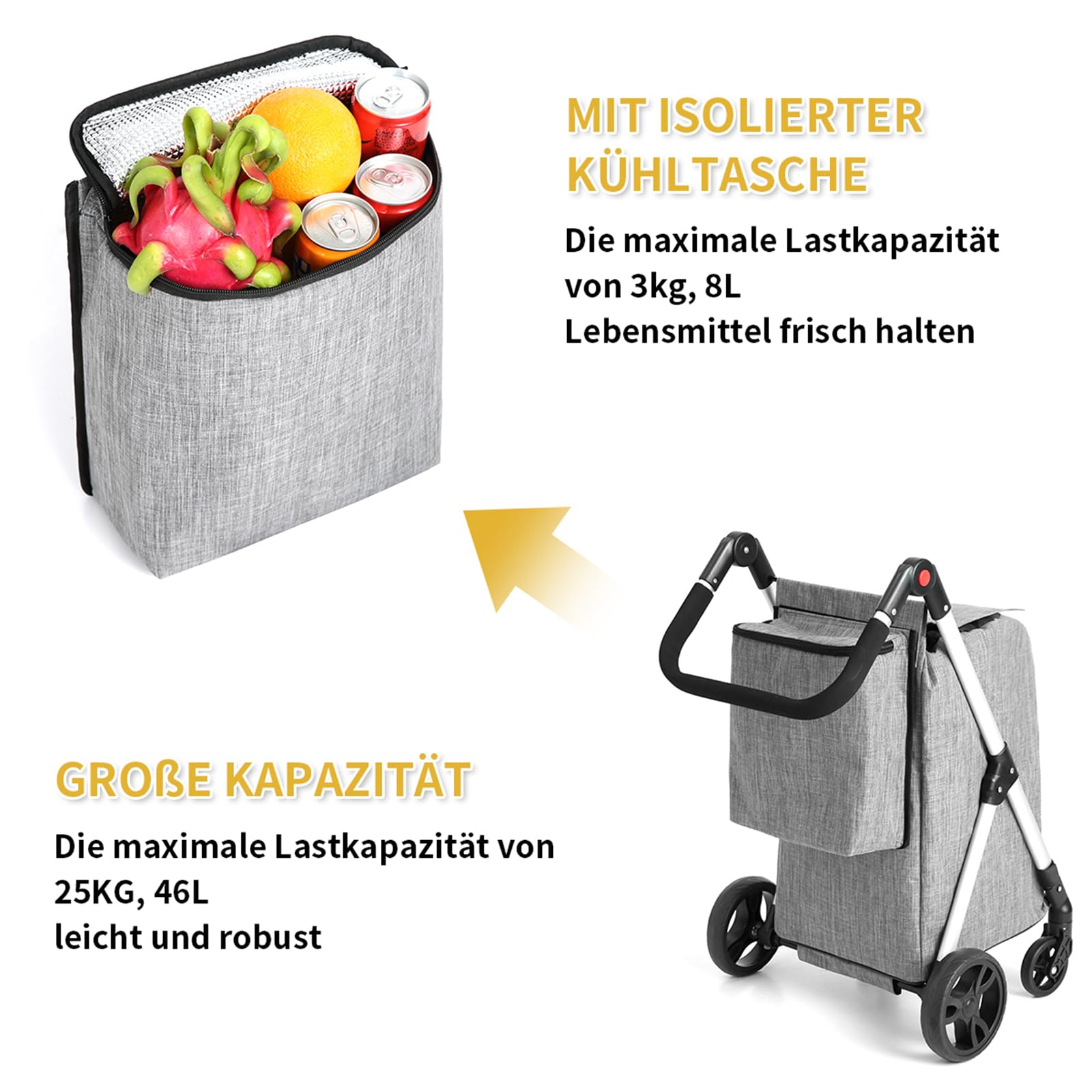 Einkaufstrolley, 46L Trolly Einkaufswagen Klappbar, 4 Rädern Aluminium Leichtgewicht Einkaufstrolley, mit Isolierter Kühltasche, Stabil und Leicht zu Verstauen Einkaufswagen (grau)