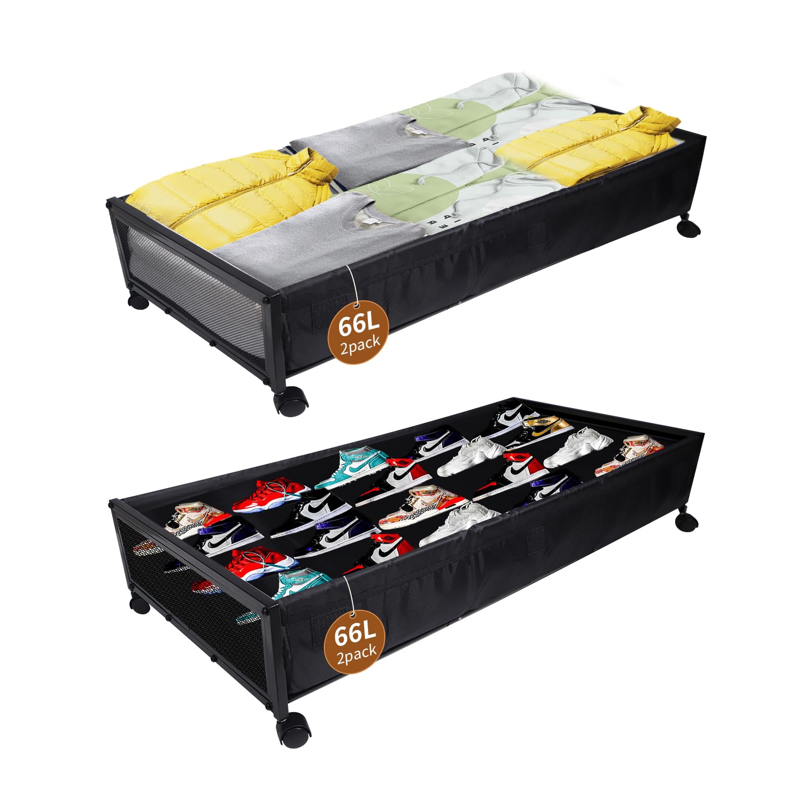 Under Bed Storage Containers,2Pack 66L Large Capacity Underbed Storage With Wheels And Lid For Clothes, Shoes, Toys Storage Organizer?Black?