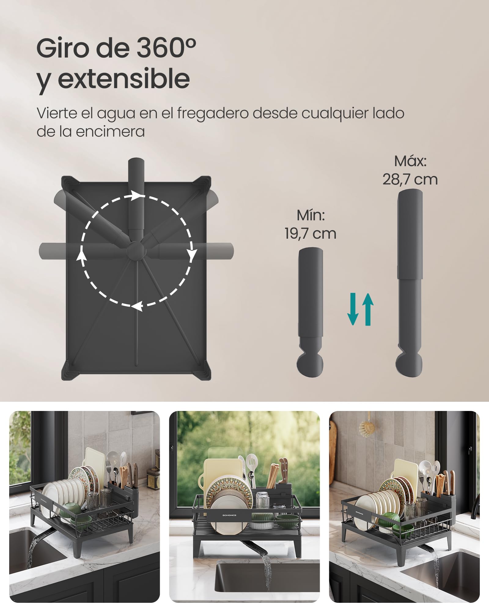 SONGMICS Escurreplatos, Escurridor para Encimera de Cocina, Giratorio 360° y Extensible, con Soporte para Cubiertos, 31 x 42 x 18,5 cm, Gris Ahumado KCS550GT01