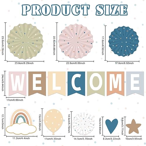 Miniatura 2 de Juego de 67 tablones de anuncios de bienvenida Simply Boho para aula, tablero de anuncios de arcoíris, decoración de aula, abanicos de papel para