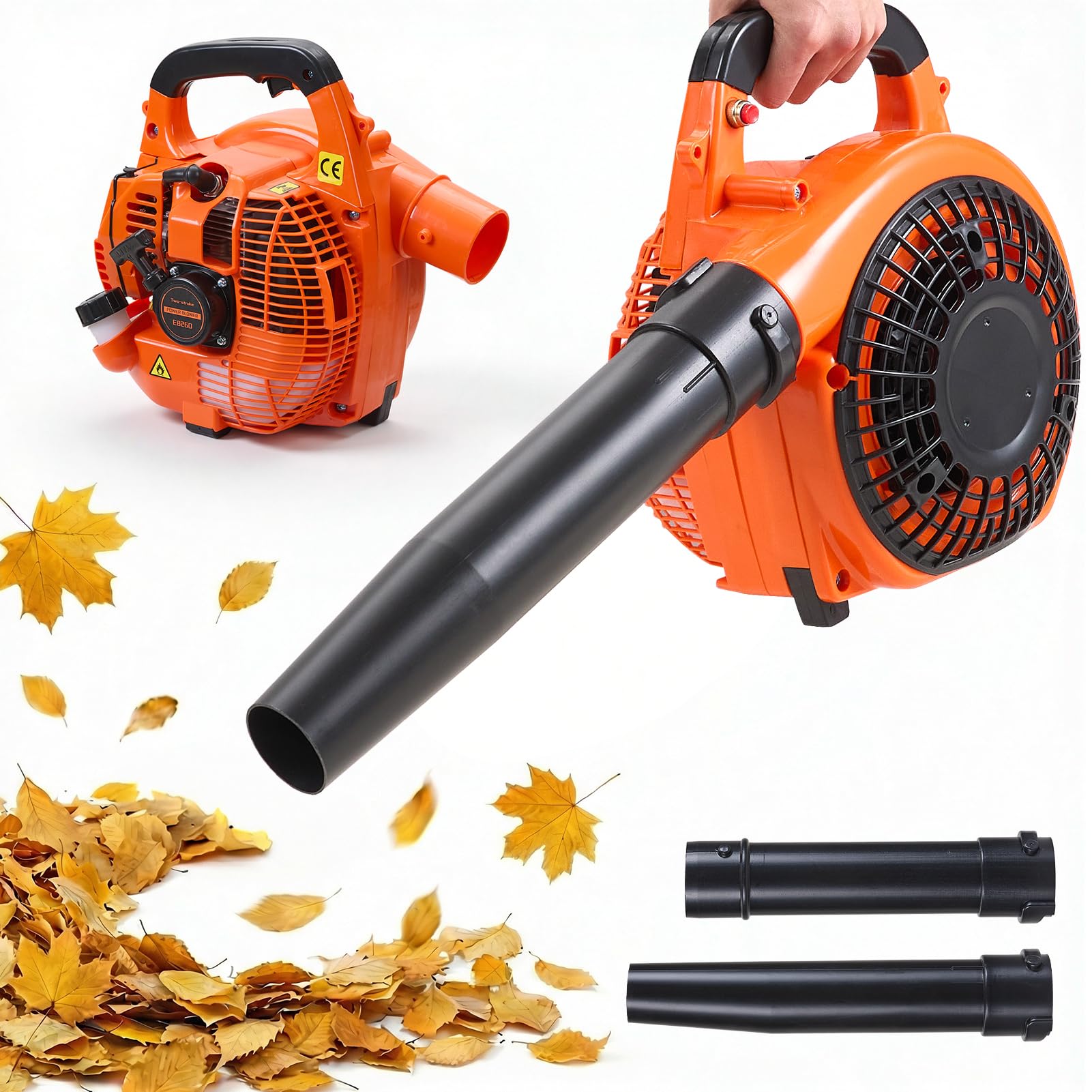 DKIEI Petrol Leaf Blower, 26cc Cordless Garden Blower, 246 ft/s Wind Speed Handheld Leaves Blowing with 2 Extension Tubes and Strap, Powerful 7500RPM Snow Blower for Dust Vacuuming Yard, Patio, Orange